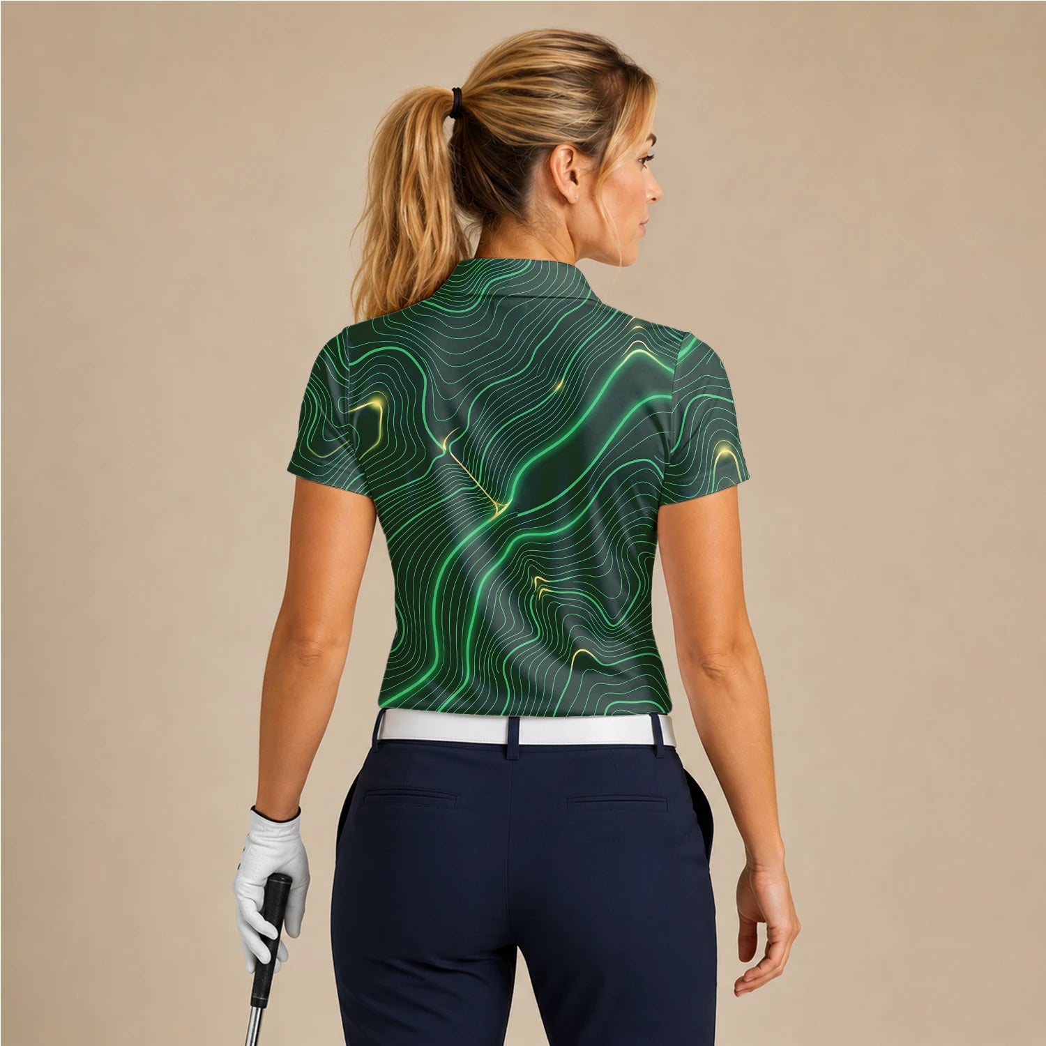 Personalisiertes Golf Poloshirt Grün Schwarzes Topografisches Linien Design für Damen E4992