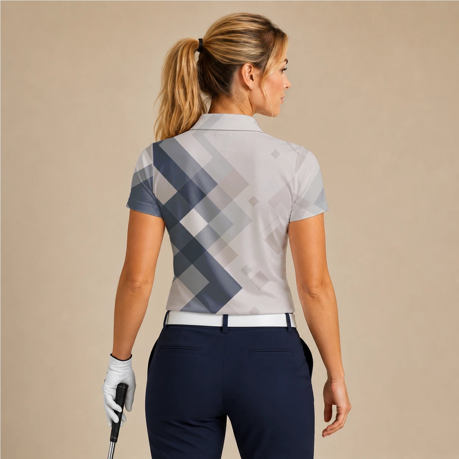 Personalisiertes Golf Poloshirt Beige Graues Rauten Muster für Damen Z6499