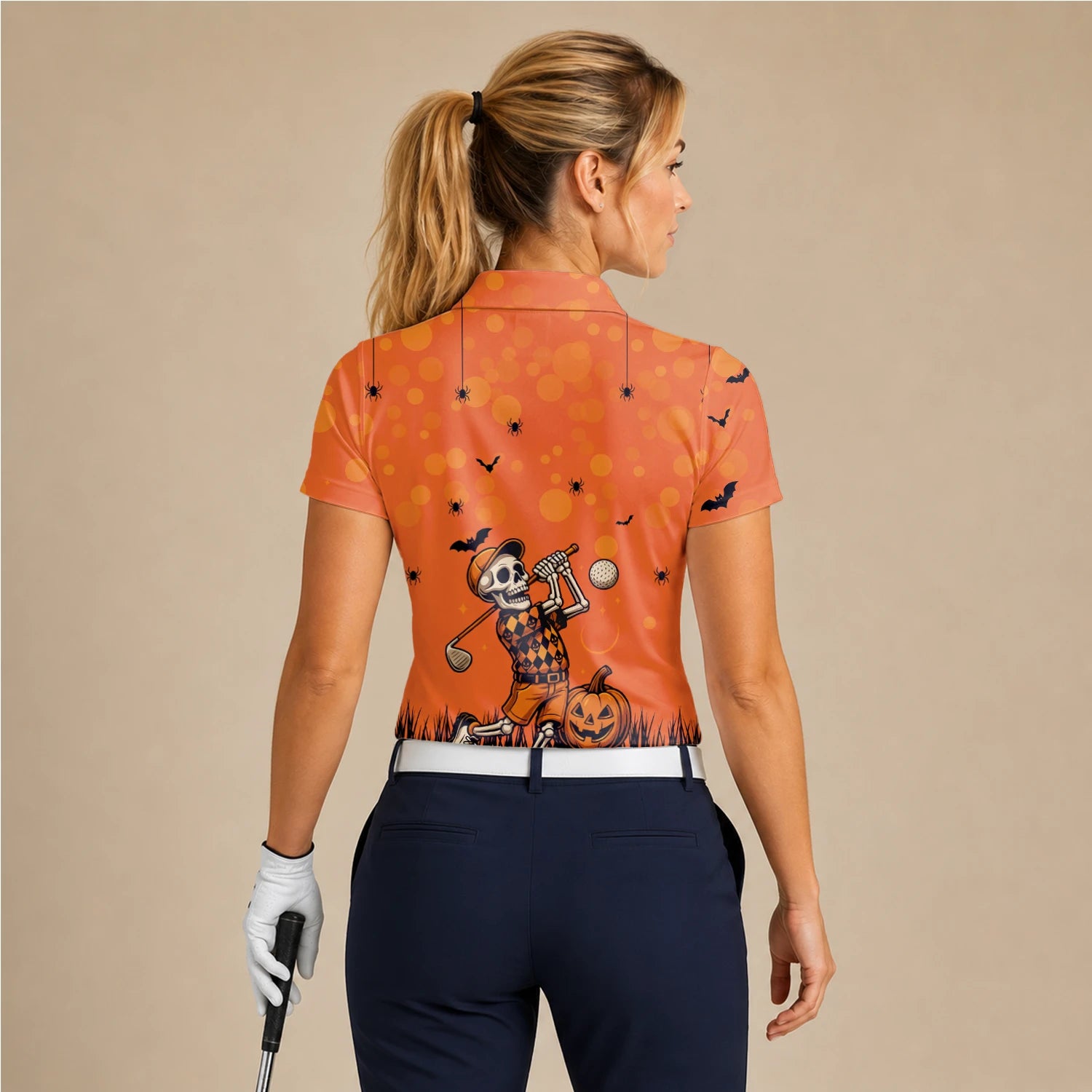 Personalisiertes Golf Poloshirt Orange Halloween Skelett Golfer Design für Damen D3851