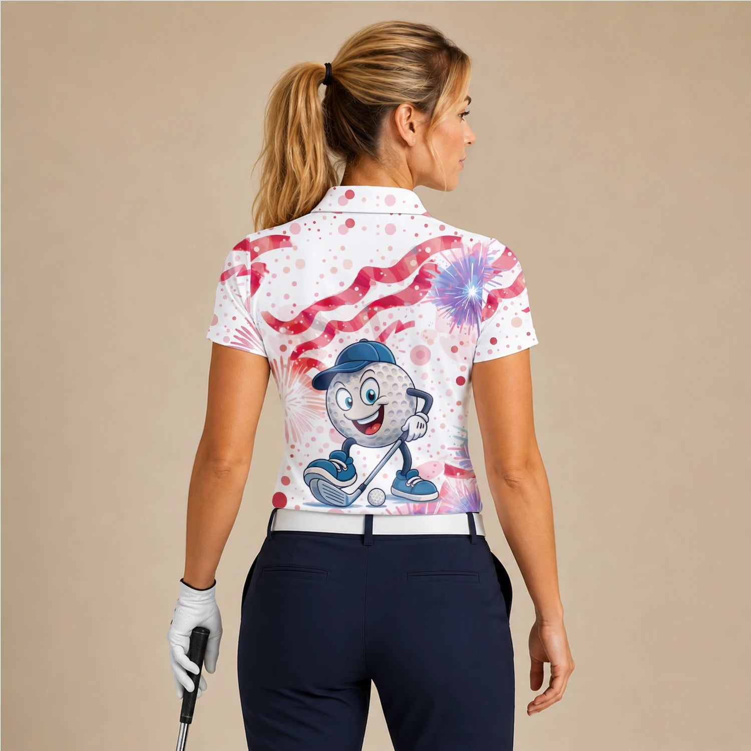 Personalisiertes Golf Poloshirt Weiß Rosa Golfball Cartoon Feuerwerk Design für Damen C2083
