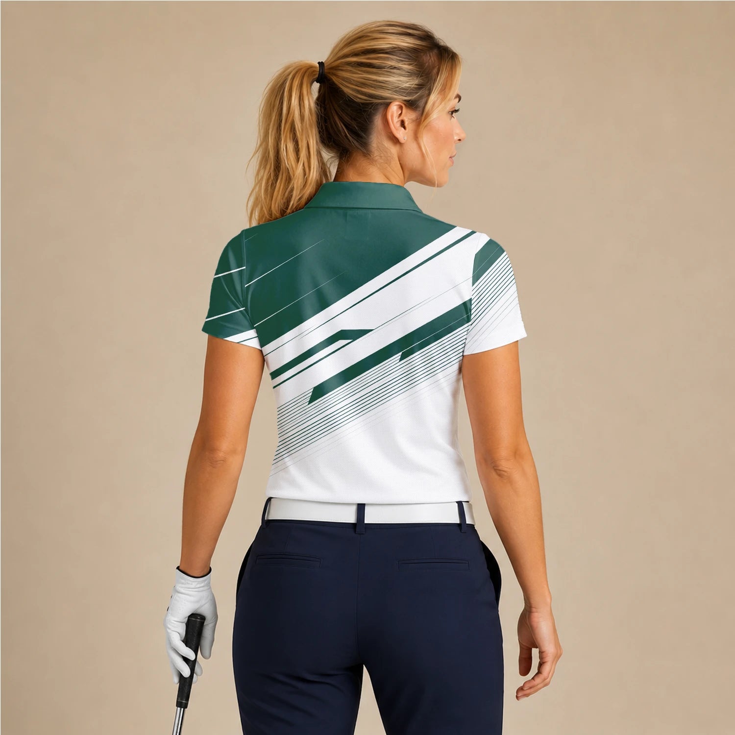 Personalisiertes Golf Poloshirt Grün Weißes Abstraktes Streifen Design für Damen E5041