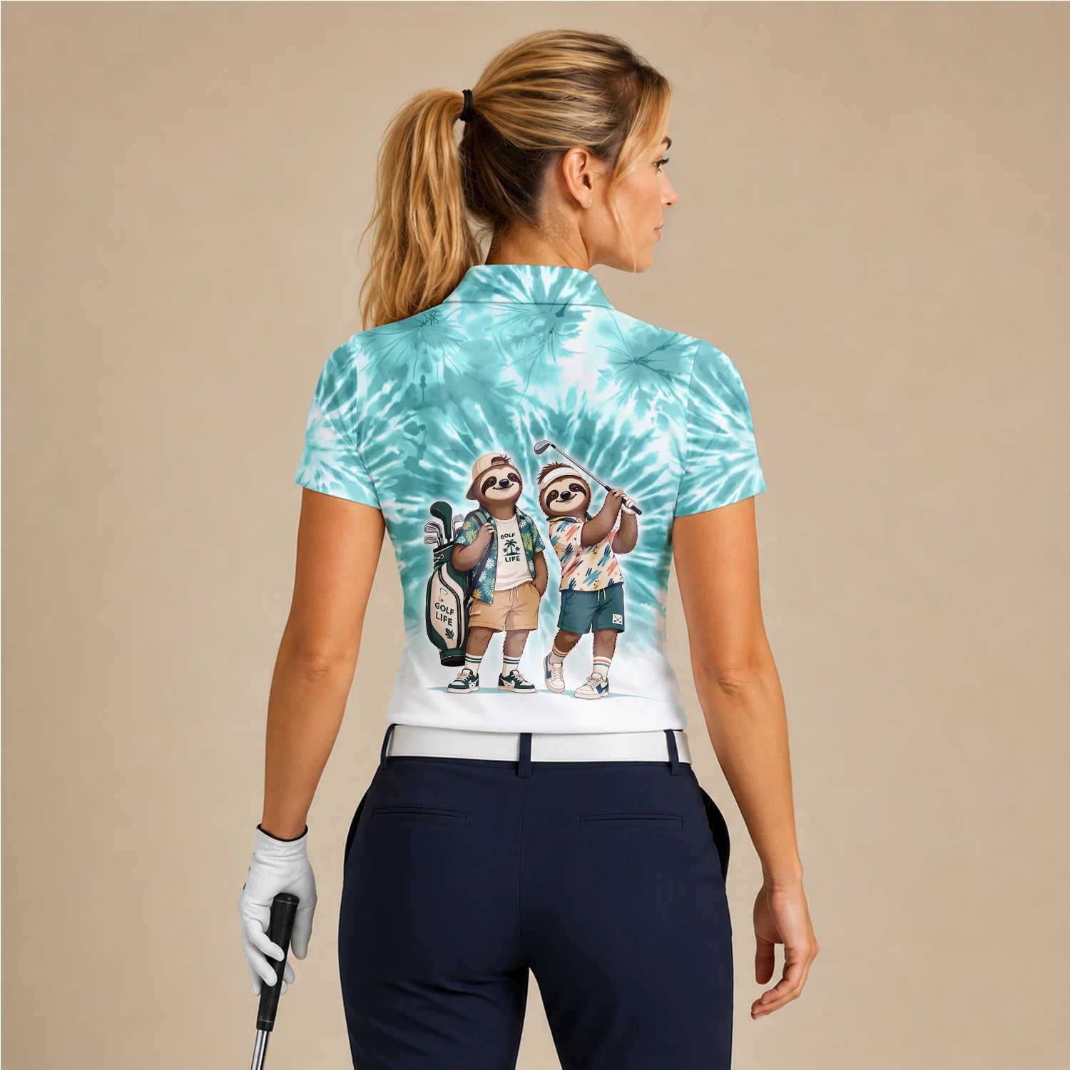 Personalisiertes Golf Poloshirt Türkis Faultier Golfer Cartoon Design für Damen C1614