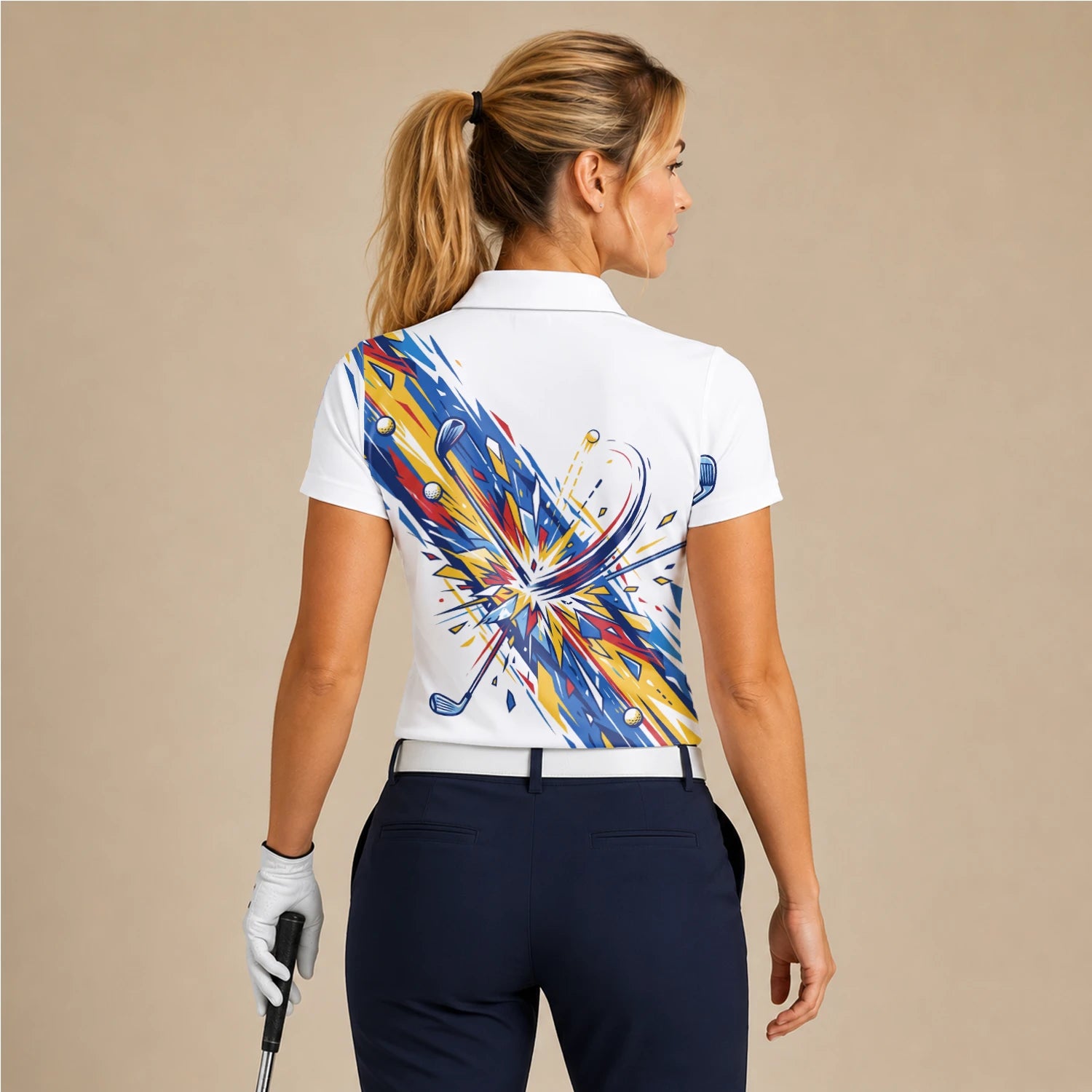 Personalisiertes Golf Poloshirt Weiß Blaues Golf Schwung Grafik Design für Damen B2869