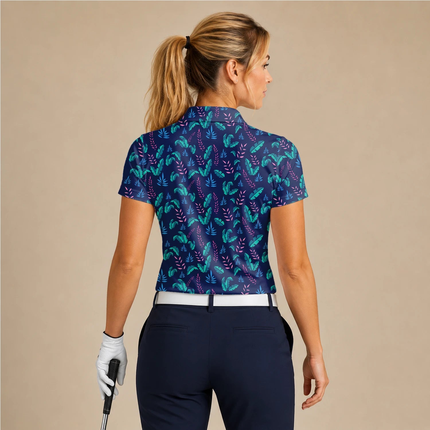 Personalisiertes Golf Poloshirt Marineblau Türkis Tropisches Blätter Design für Damen S8145