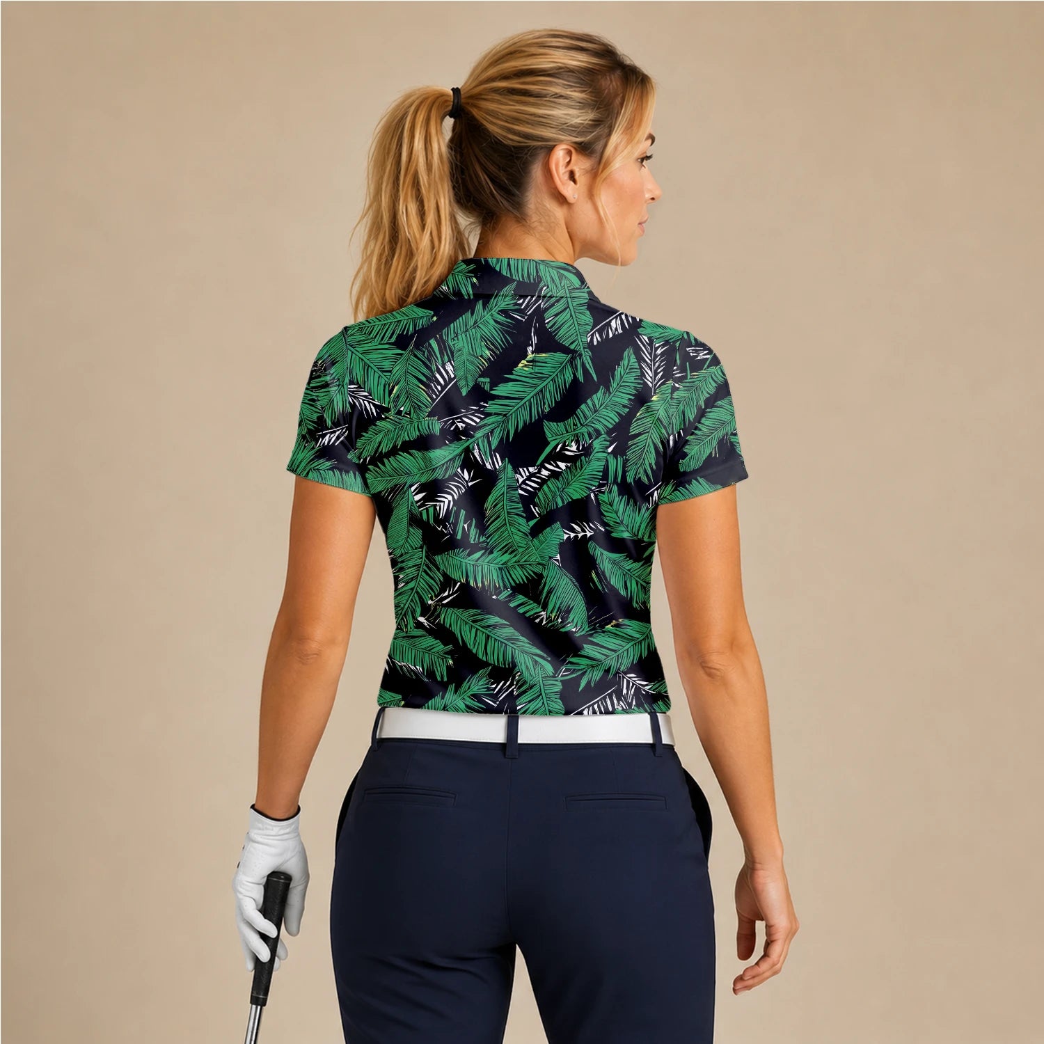Personalisiertes Golf Poloshirt Schwarz Grünes Tropisches Bananenblätter Design für Damen K8023