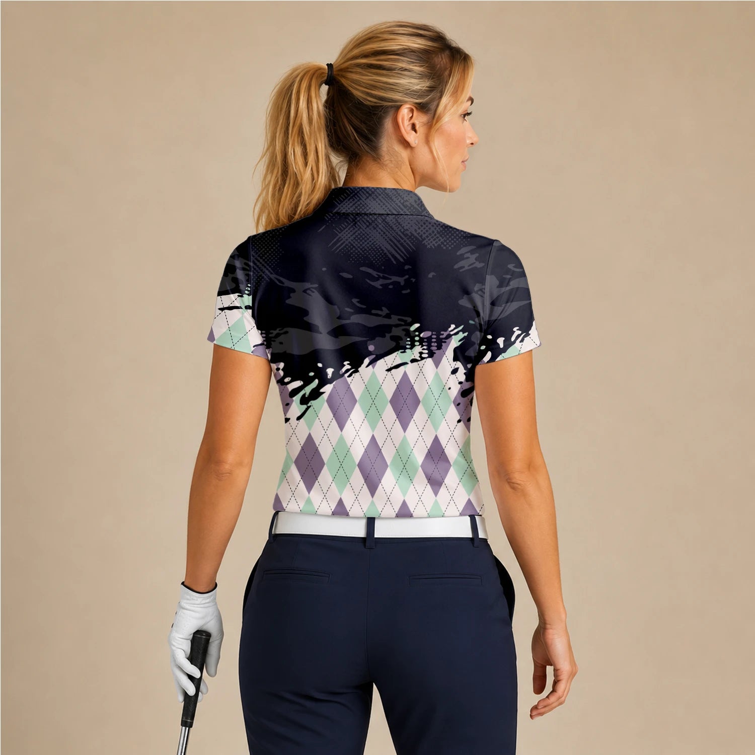 Personalisiertes Golf Poloshirt Schwarz Mint Lila Rauten Farbklecks Design für Damen C5124
