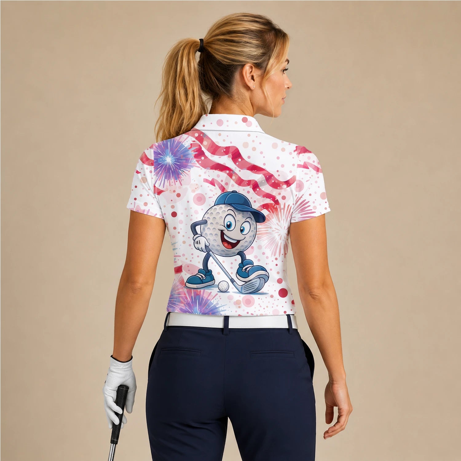 Personalisiertes Golf Poloshirt Weiß Rosa Golfball Cartoon Feuerwerk Design für Damen C2083