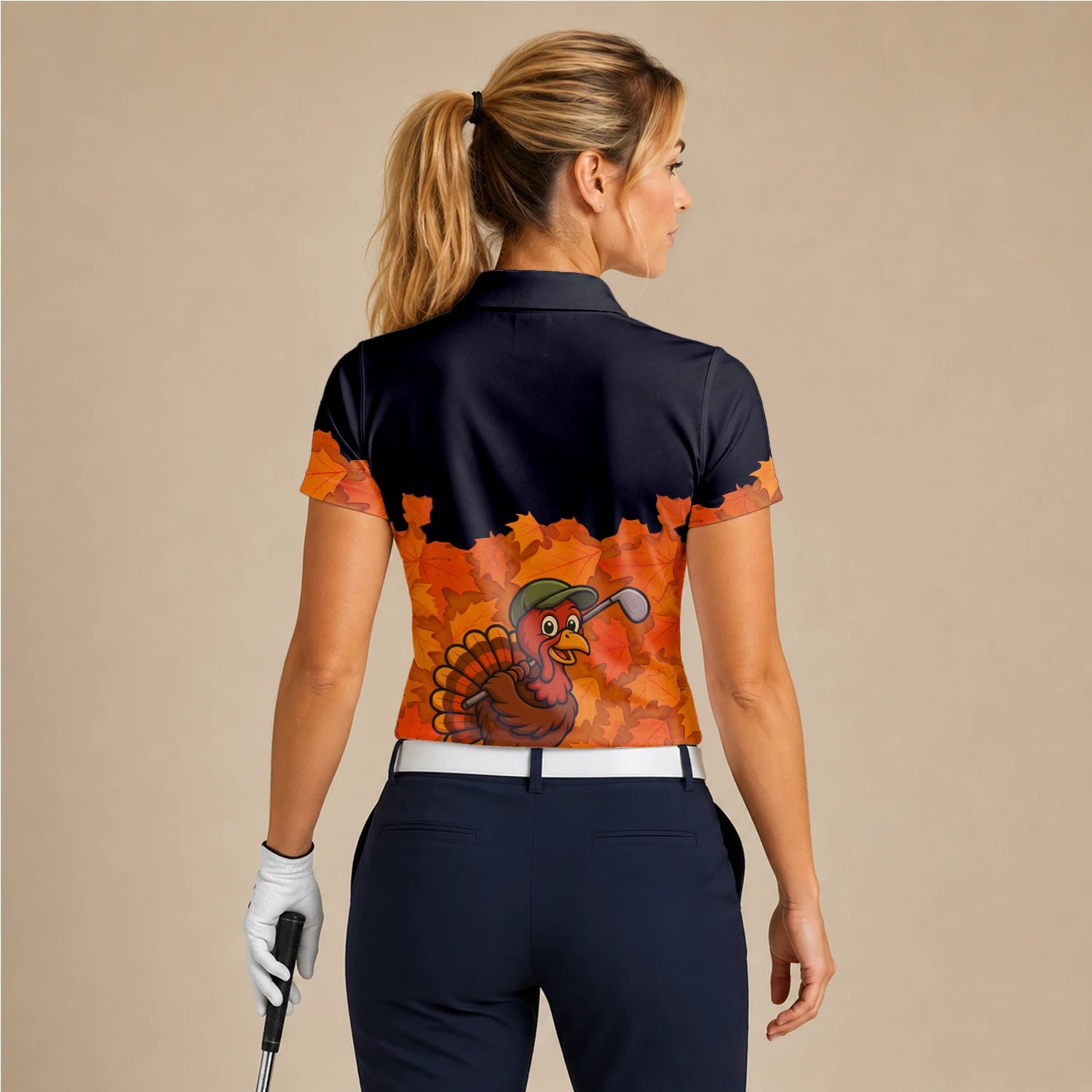 Personalisiertes Golf Poloshirt Schwarz Orange Thanksgiving Truthahn Golfer Design für Damen W0964
