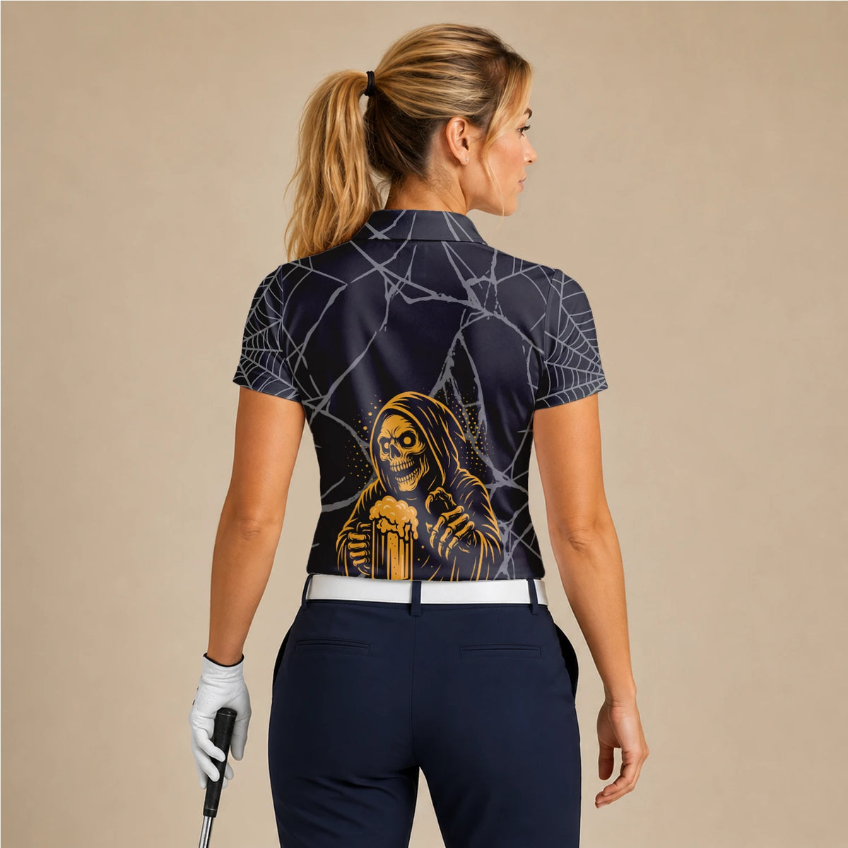 Personalisiertes Golf Poloshirt Schwarz Goldenes Sensenmann Bier Design für Damen J8667