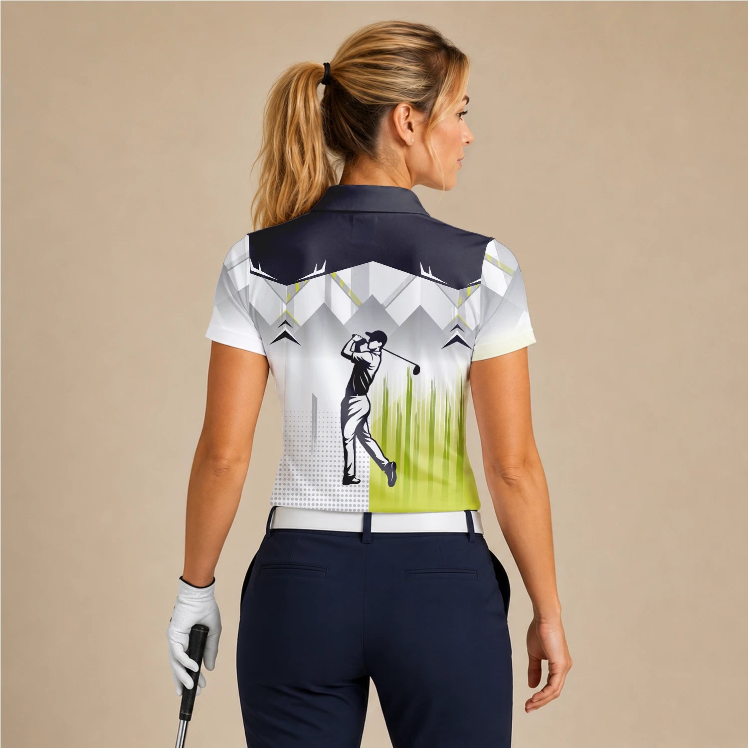 Personalisiertes Golf Poloshirt Schwarz Grau Limettengrünes Golfer Silhouetten Design für Damen F4552