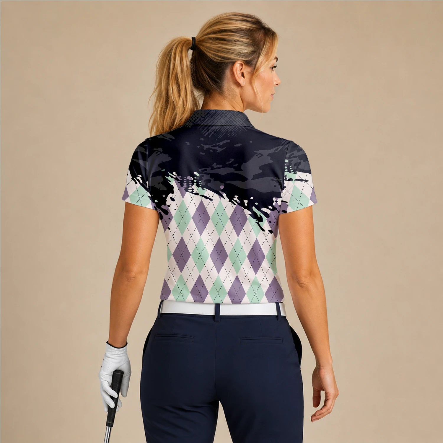 Personalisiertes Golf Poloshirt Schwarz Mint Lila Rauten Farbklecks Design für Damen C5124