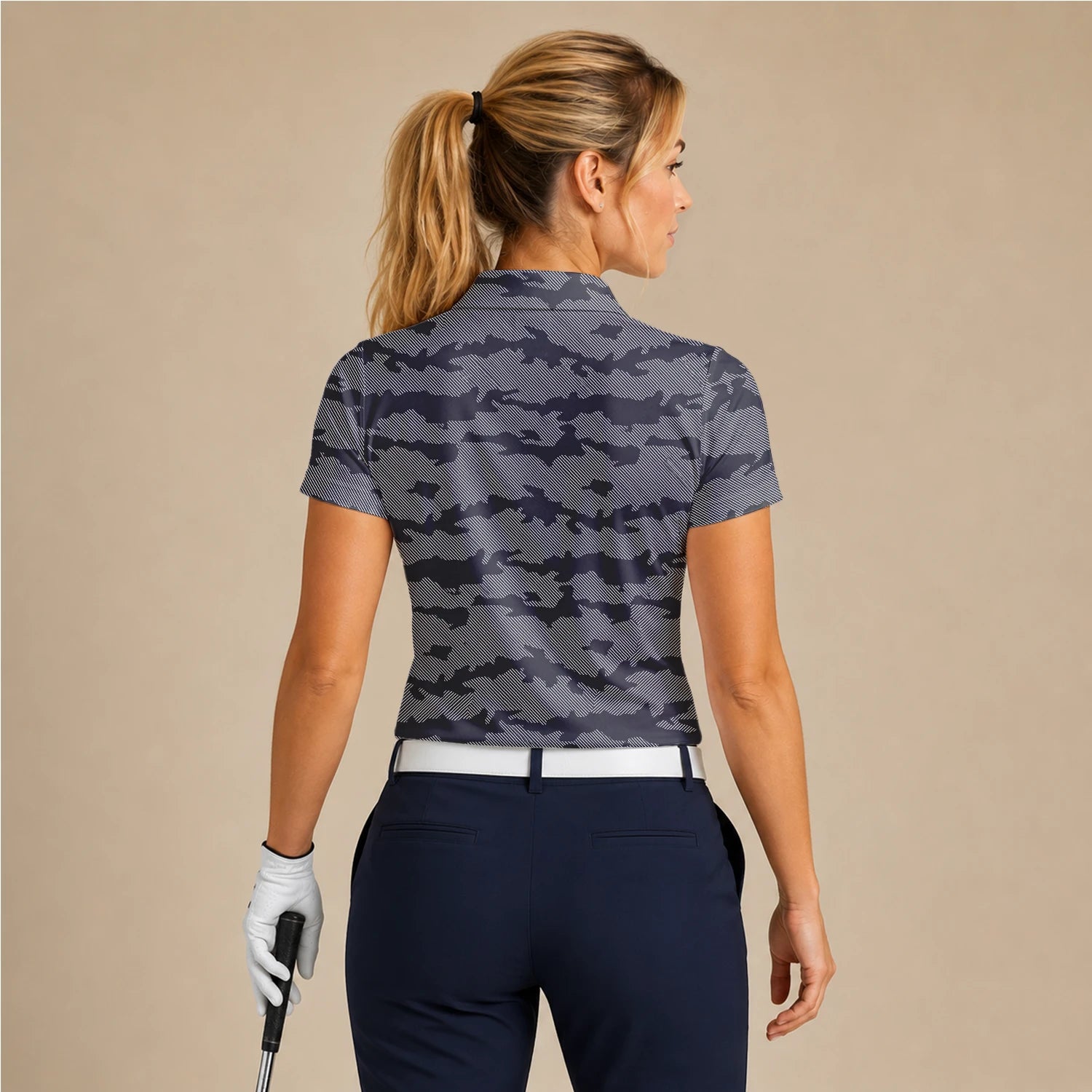 Personalisiertes Golf Poloshirt Grau Schwarzes Camo Design für Damen R8701