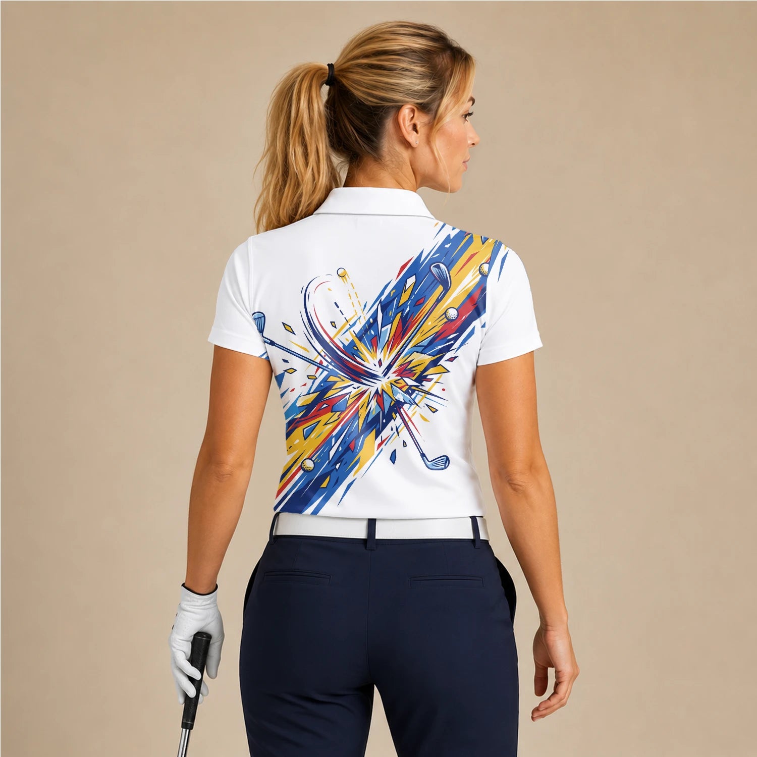 Personalisiertes Golf Poloshirt Weiß Blaues Golf Schwung Grafik Design für Damen B2869