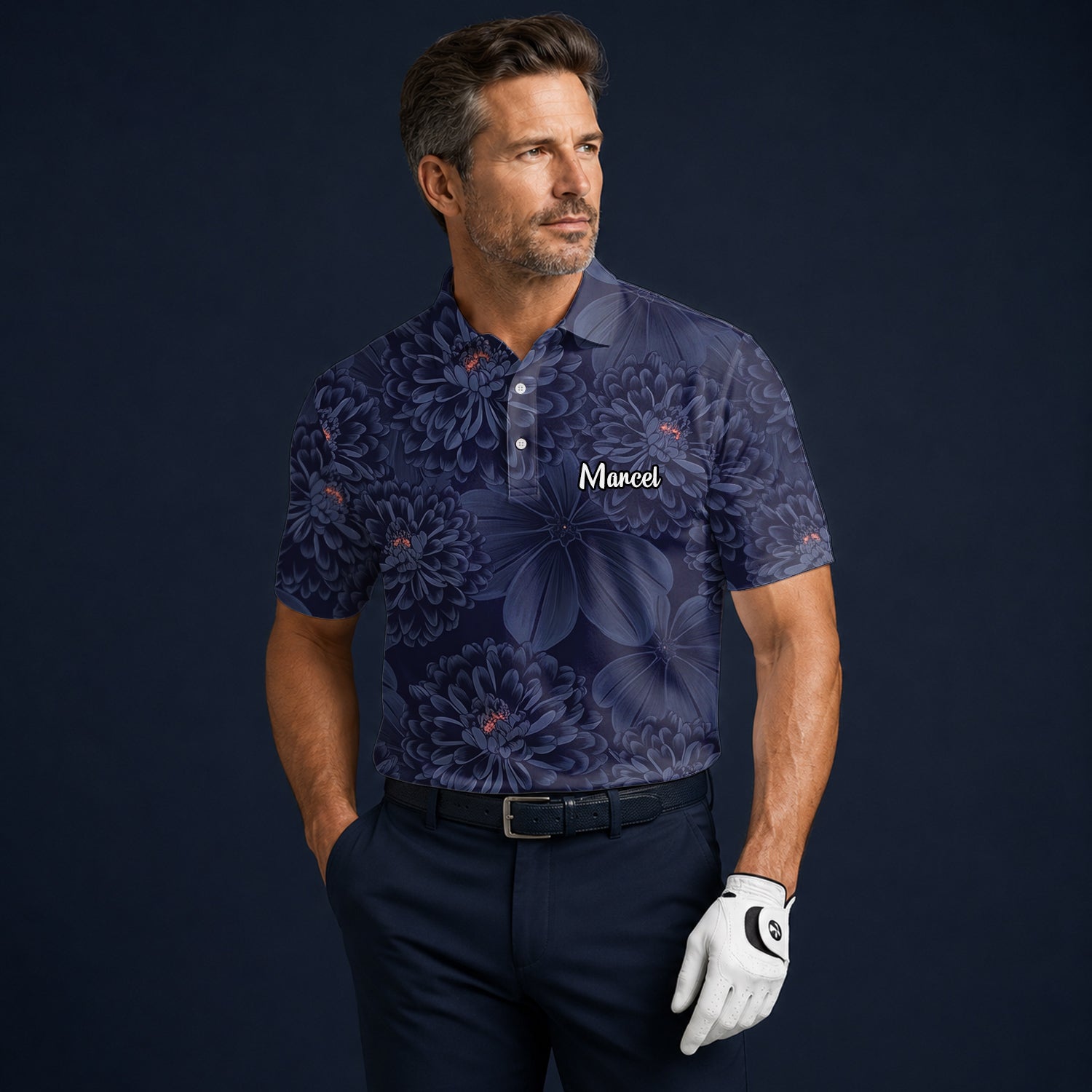 Personalisiertes Golf Poloshirt Dunkelblaues Chrysanthemen Blumen Design für Herren A0086