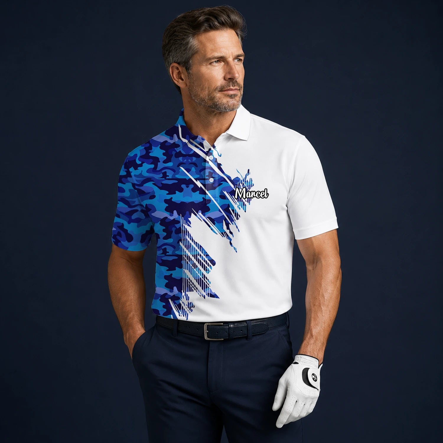 Personalisiertes Golf Poloshirt Weiß Blaues Camo Pinselstrich Design für Herren M3845
