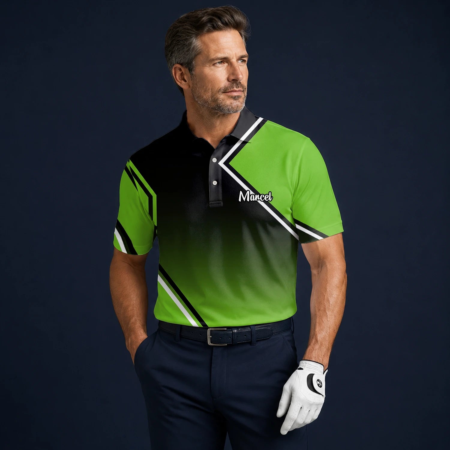 Personalisiertes Golf Poloshirt Schwarz Grünes Geometrisches Streifen Design für Herren V2638