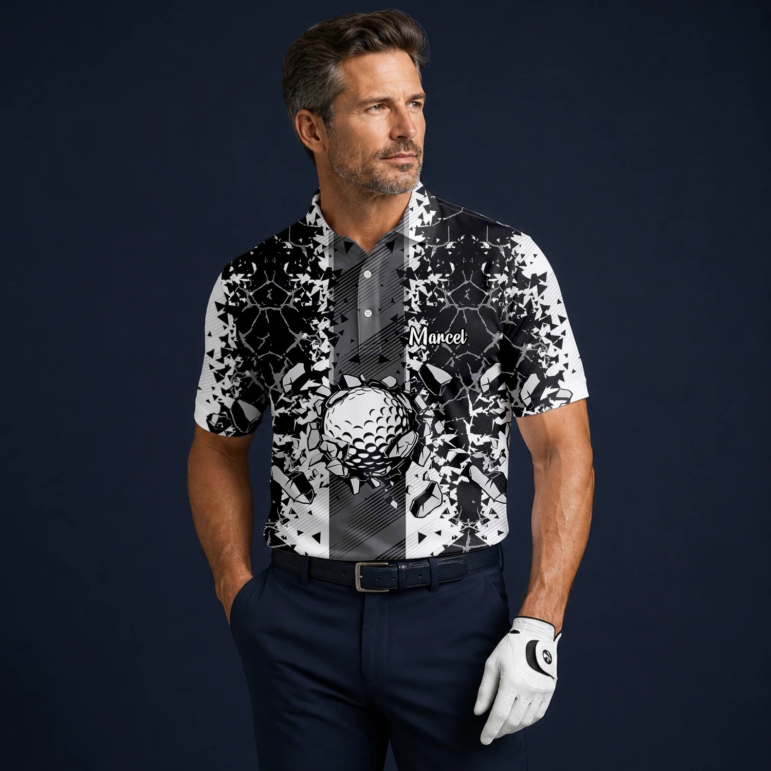 Personalisiertes Golf Poloshirt Schwarz Weißes Golfball Glassplitter Design für Herren F6407