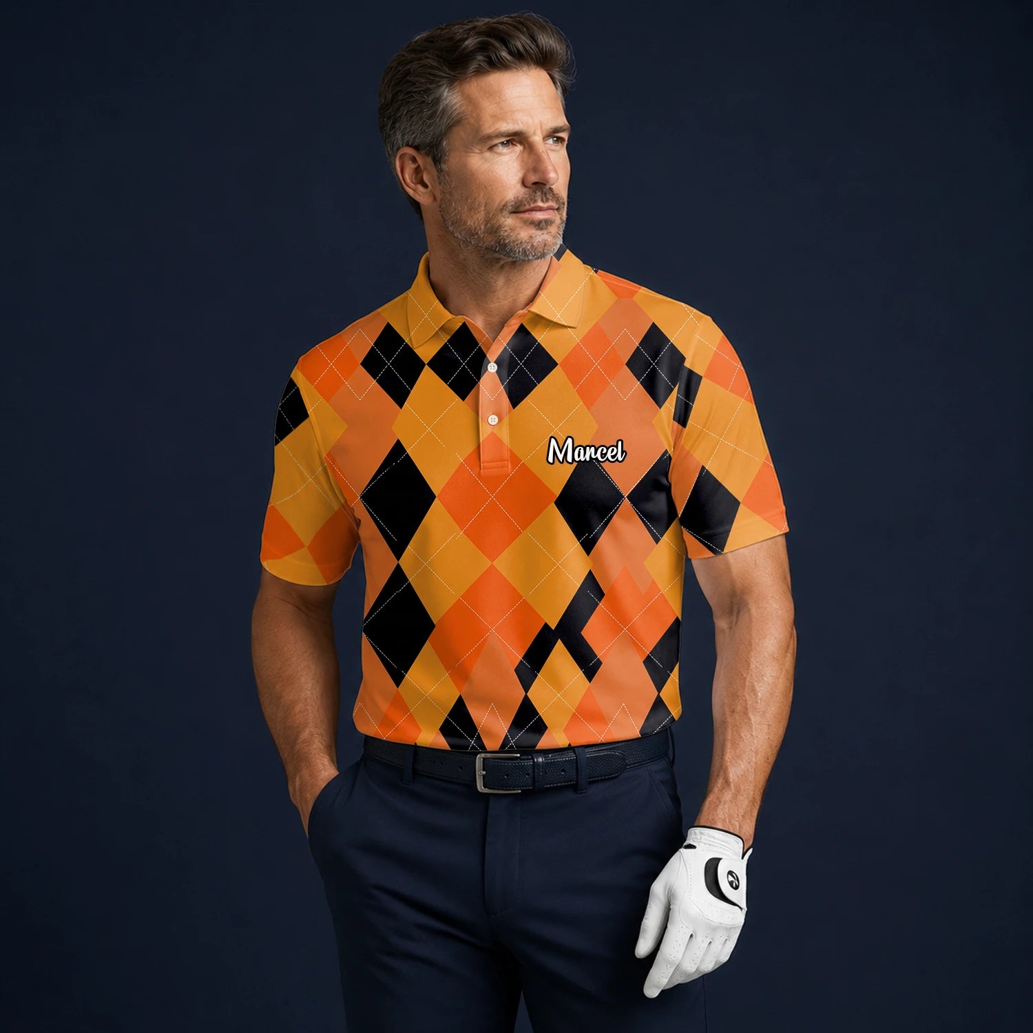 Personalisiertes Golf Poloshirt Orange Schwarzes Rauten Muster für Herren C4203