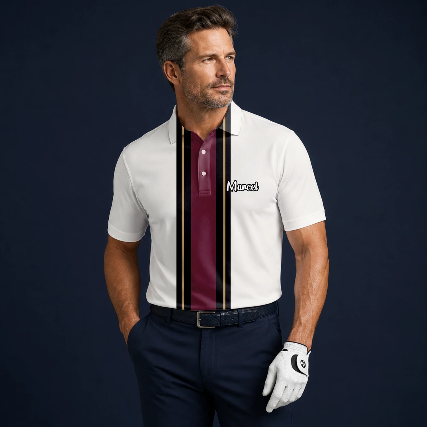 Personalisiertes Golf Poloshirt Weiß Bordeaux Schwarzes Rennstreifen Design für Herren G7028