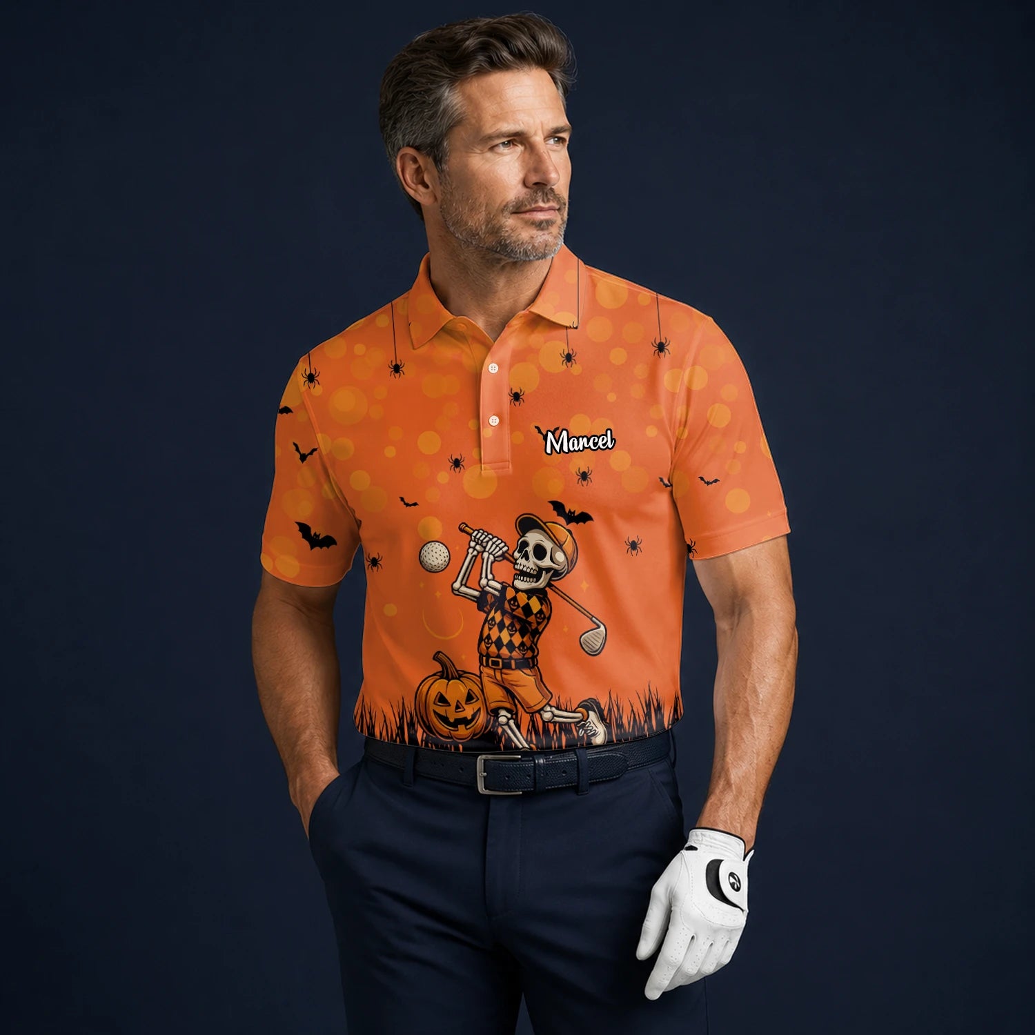 Personalisiertes Golf Poloshirt Orange Halloween Skelett Golfer Design für Herren D3851