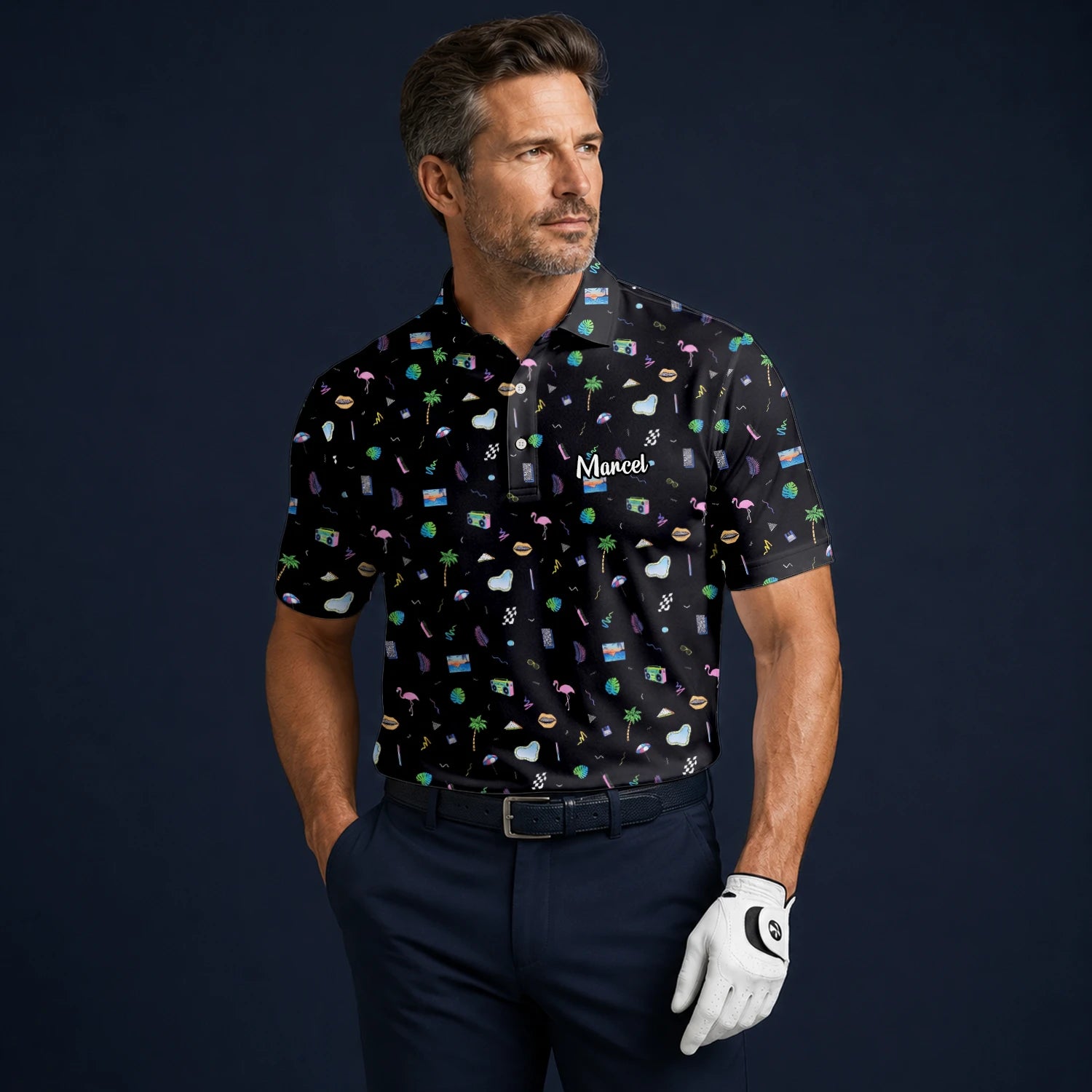 Personalisiertes Golf Poloshirt Schwarzes Urlaub Reise Doodle Design für Herren V7883