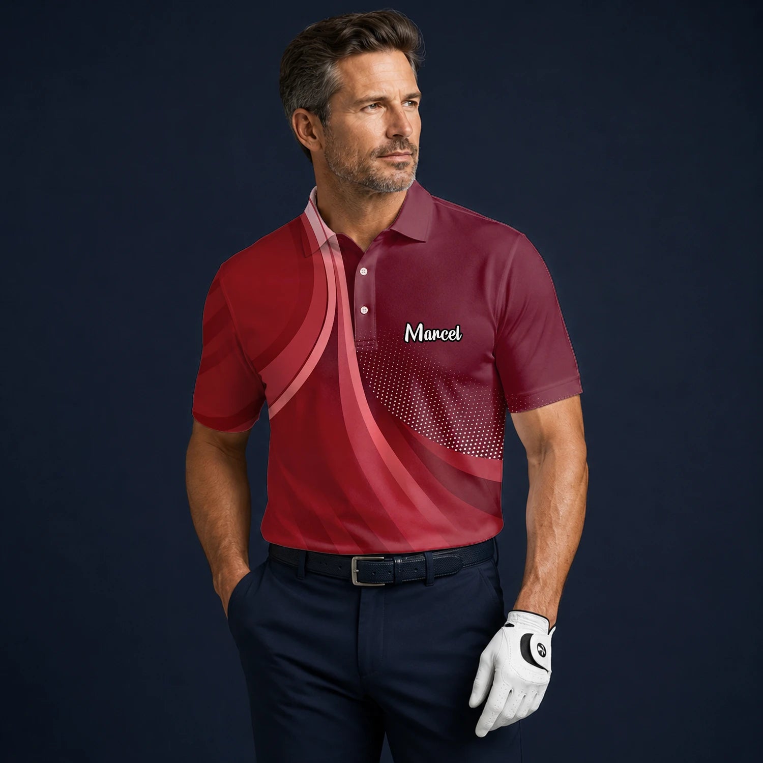 Personalisiertes Golf Poloshirt Bordeaux Rotes Abstraktes Wellen Design für Herren B4612