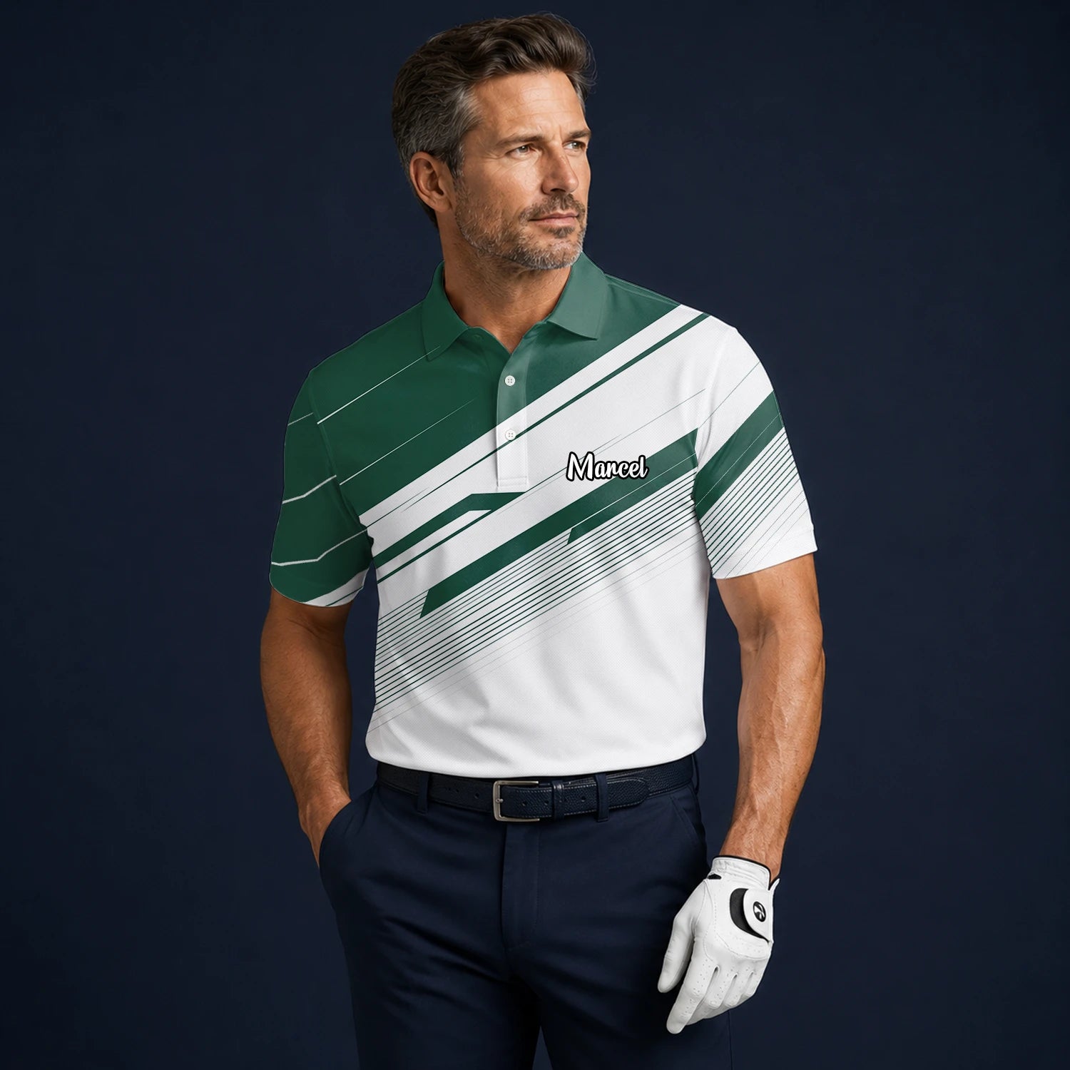 Personalisiertes Golf Poloshirt Grün Weißes Abstraktes Streifen Design für Herren E5041