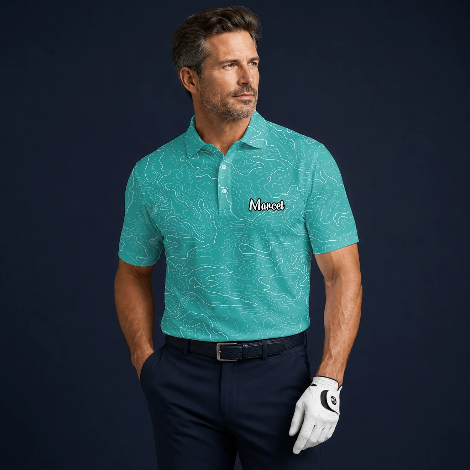 Personalisiertes Golf Poloshirt Türkisfarbenes Topografisches Konturlinien Design für Herren U3552