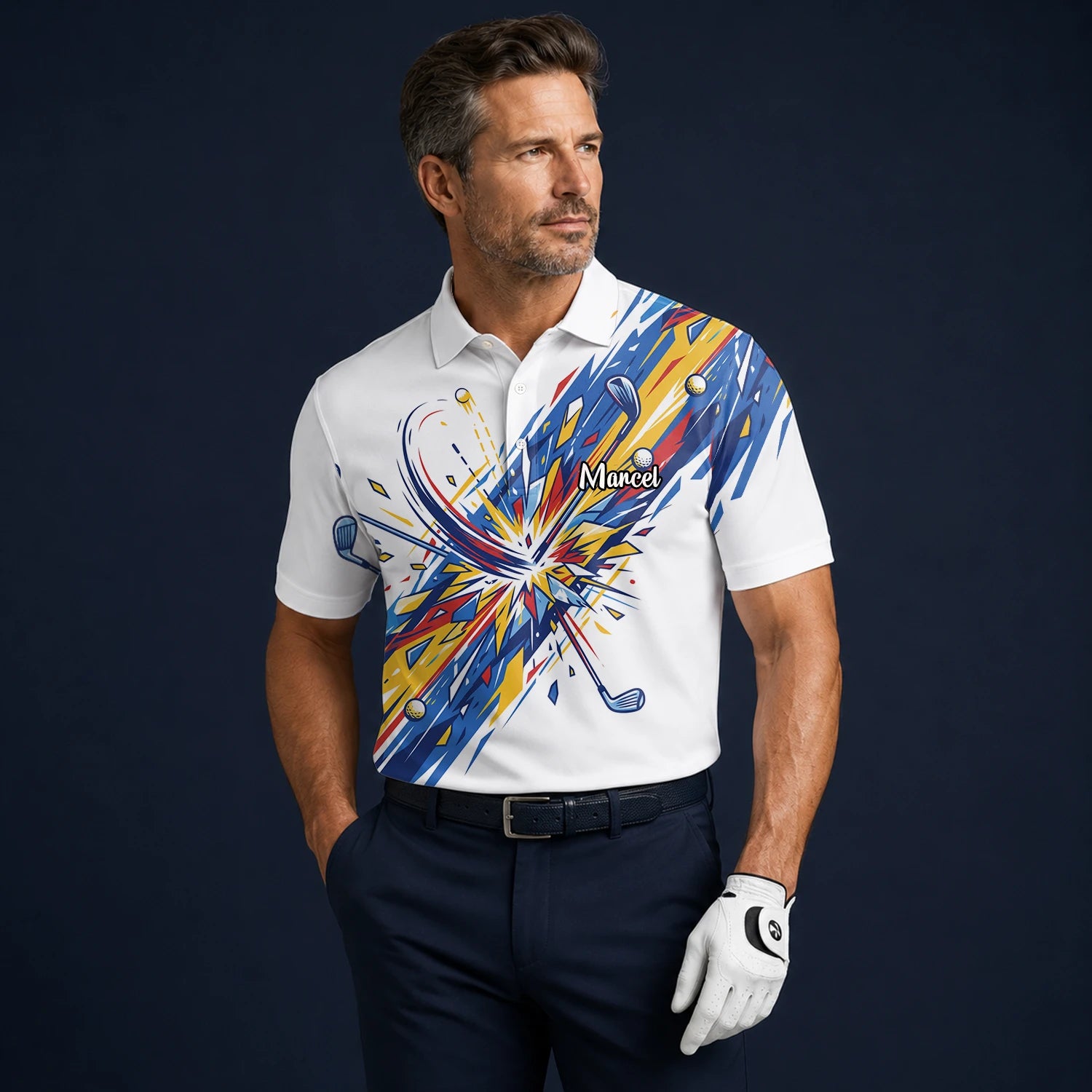 Personalisiertes Golf Poloshirt Weiß Blaues Golf Schwung Grafik Design für Herren B2869