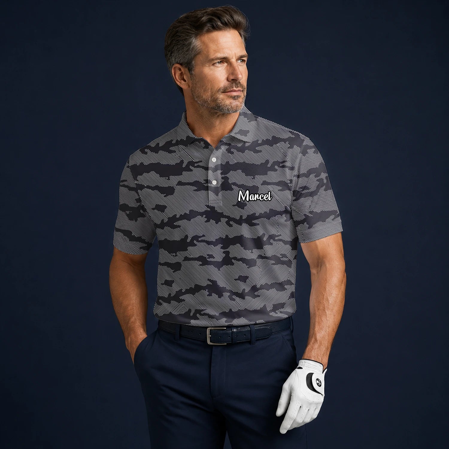 Personalisiertes Golf Poloshirt Grau Schwarzes Camo Design für Herren R8701