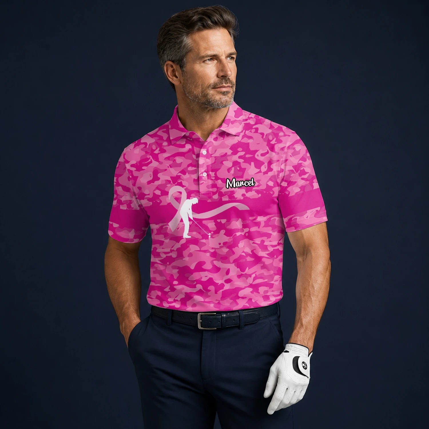 Personalisiertes Golf Poloshirt Rosa Camo Brustkrebs Awareness Schleifen Golfer Design für Herren Z3179