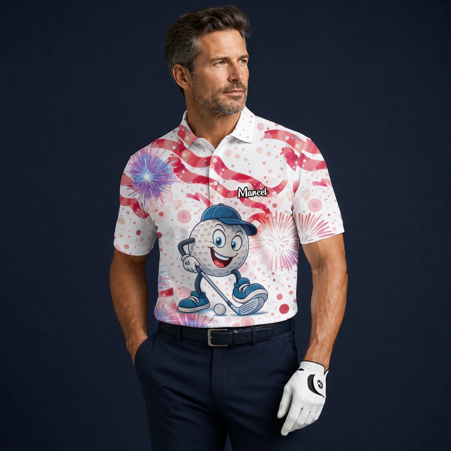 Personalisiertes Golf Poloshirt Weiß Rosa Golfball Cartoon Feuerwerk Design für Herren C2083
