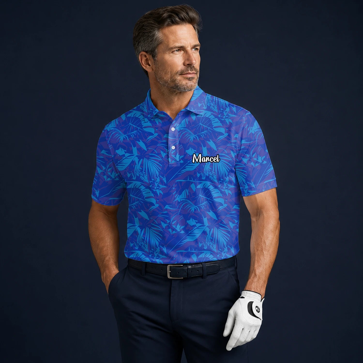 Personalisiertes Golf Poloshirt Blaues Tropisches Blätter Design für Herren Z7717