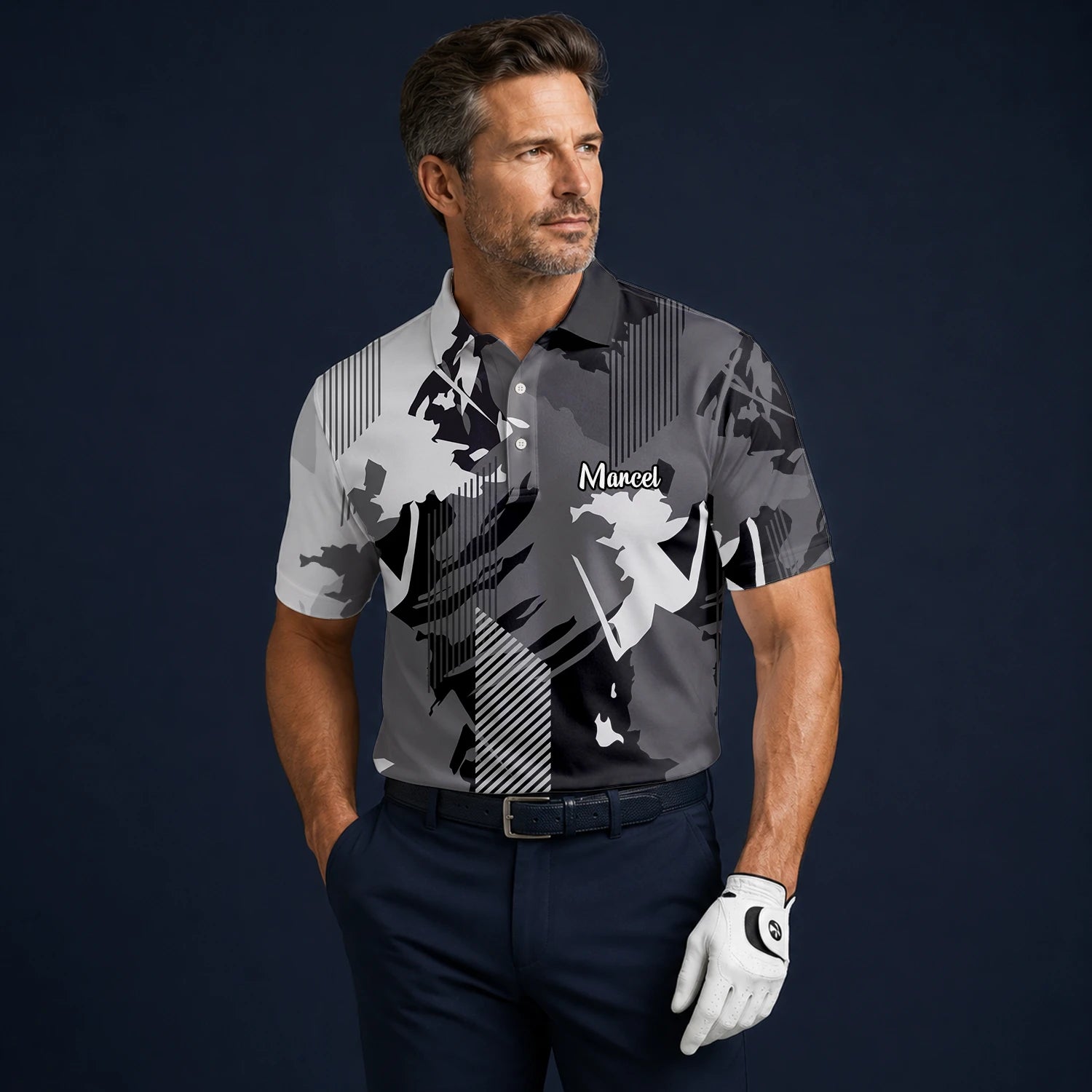 Personalisiertes Golf Poloshirt Grau Schwarzes Abstraktes Pinselstreifen Design für Herren I7293