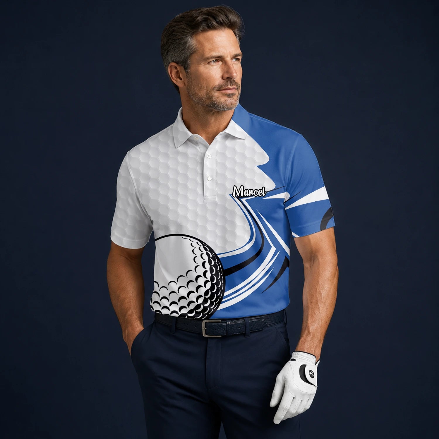 Personalisiertes Golf Poloshirt Weiß Blaues Golfball Waben Design für Herren S7973