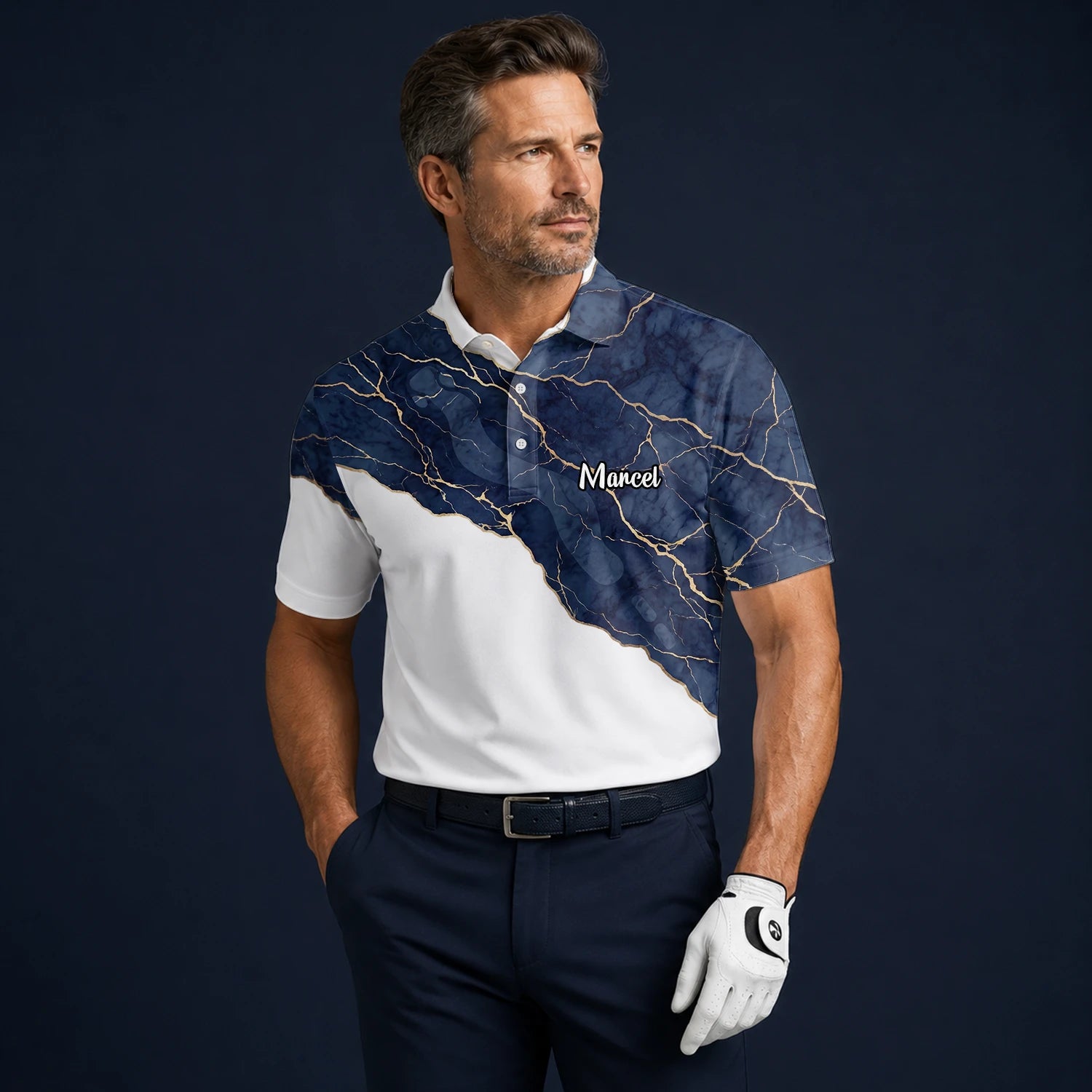 Personalisiertes Golf Poloshirt Weiß Marineblaues Marmor Goldadern Design für Herren B4939