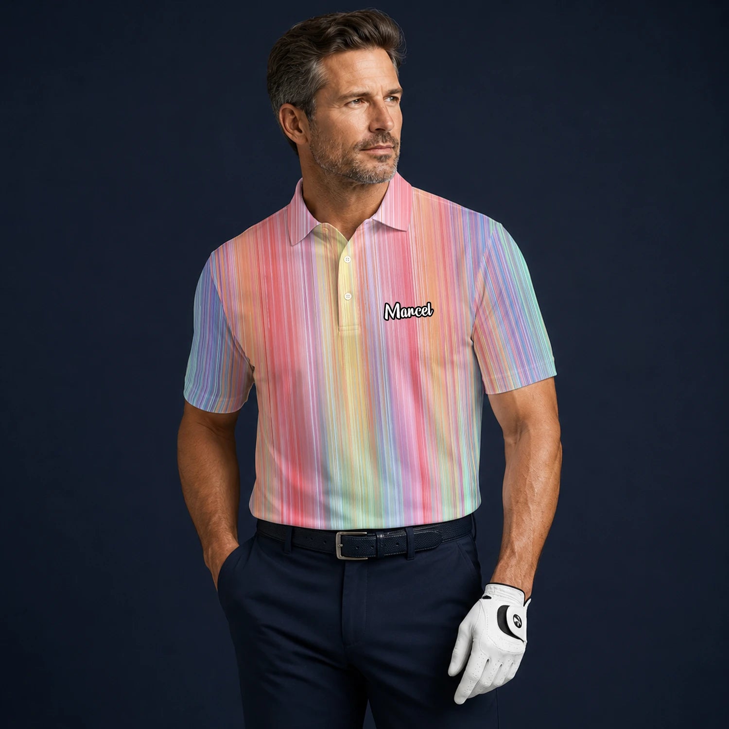 Personalisiertes Golf Poloshirt Pastell Regenbogen Streifen Design für Herren C5307