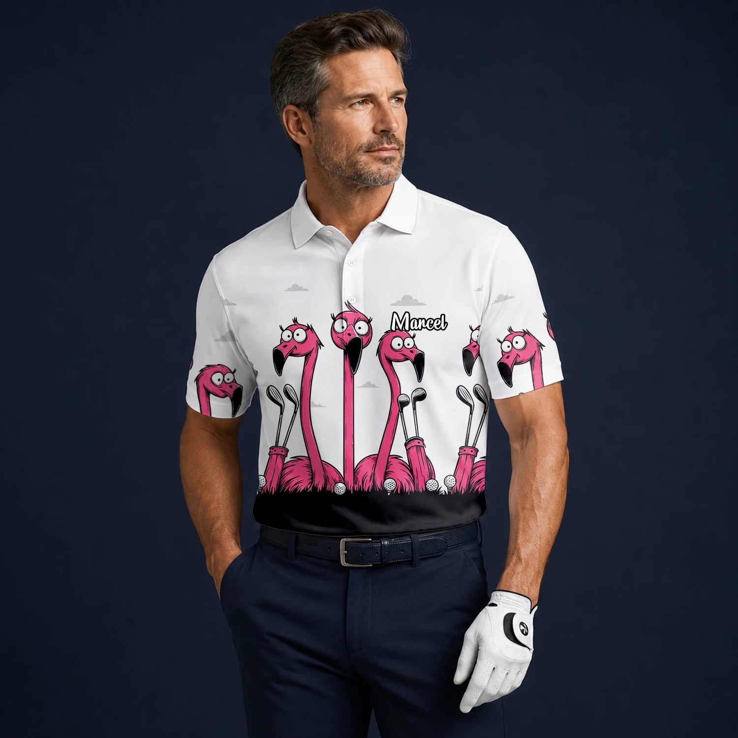 Personalisiertes Golf Poloshirt Weiß Rosa Flamingo Cartoon Design für Herren I6113