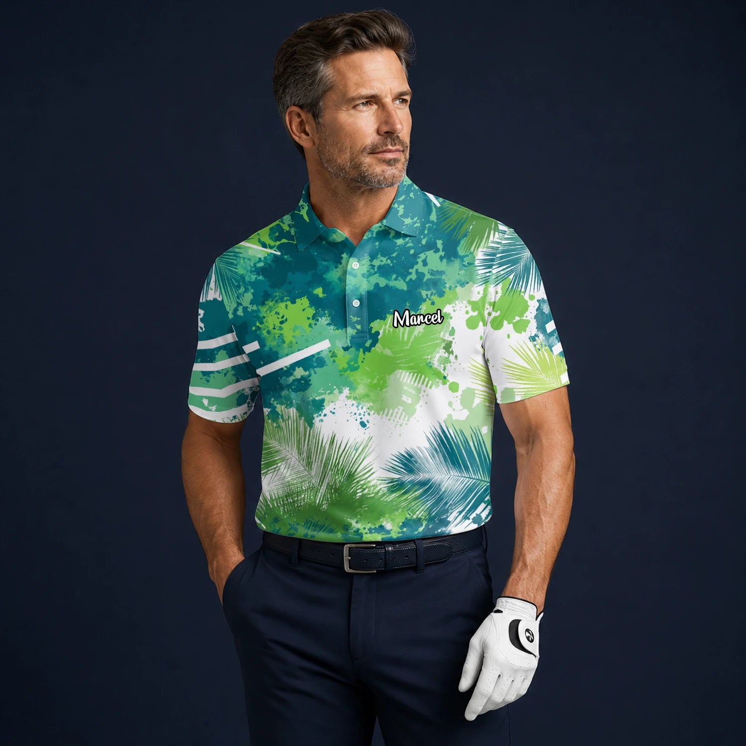 Personalisiertes Golf Poloshirt Grün Blaues Tropisches Blätter Farbklecks Design für Herren B7869