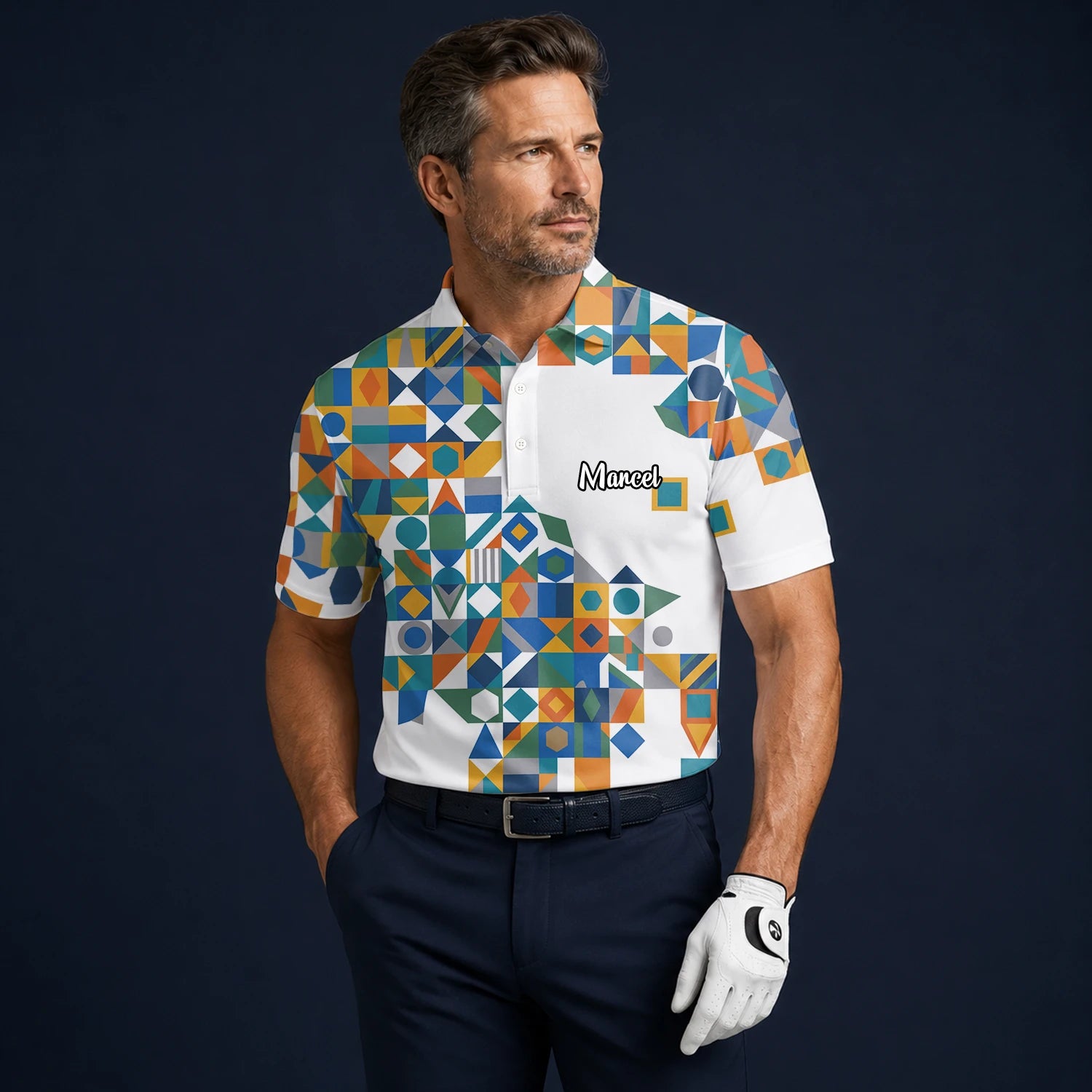 Personalisiertes Golf Poloshirt Weiß Türkis Oranges Geometrisches Patchwork Design für Herren K5362
