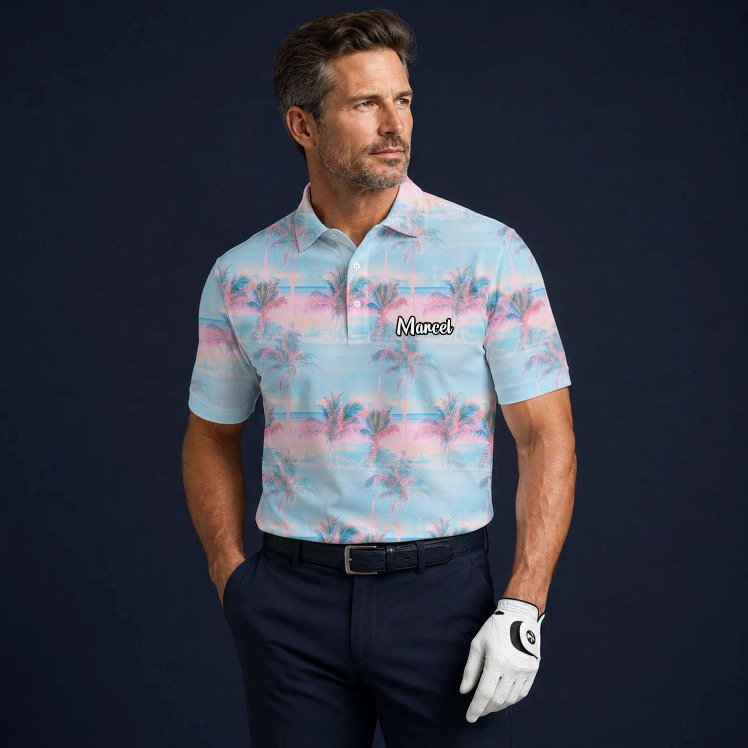 Personalisiertes Golf Poloshirt Pastellblau Rosa Palmen Sonnenuntergang Design für Herren G4431