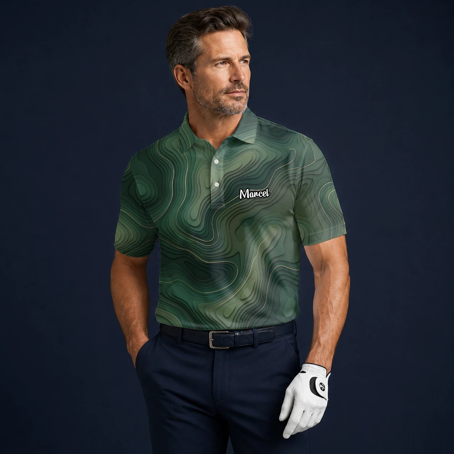 Personalisiertes Golf Poloshirt Grünes Topografisches Konturlinien Design für Herren H2497