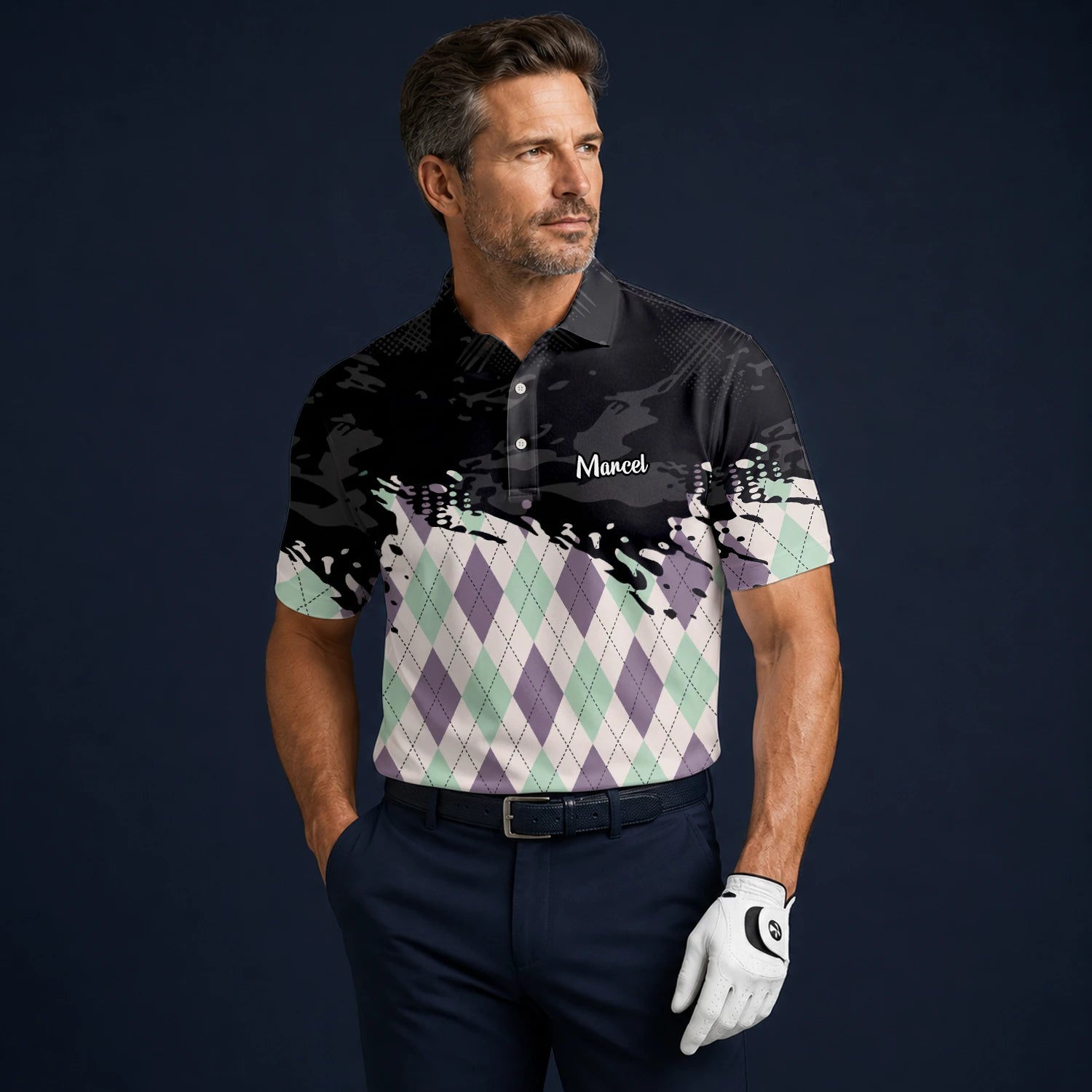 Personalisiertes Golf Poloshirt Schwarz Mint Lila Rauten Farbklecks Design für Herren C5124