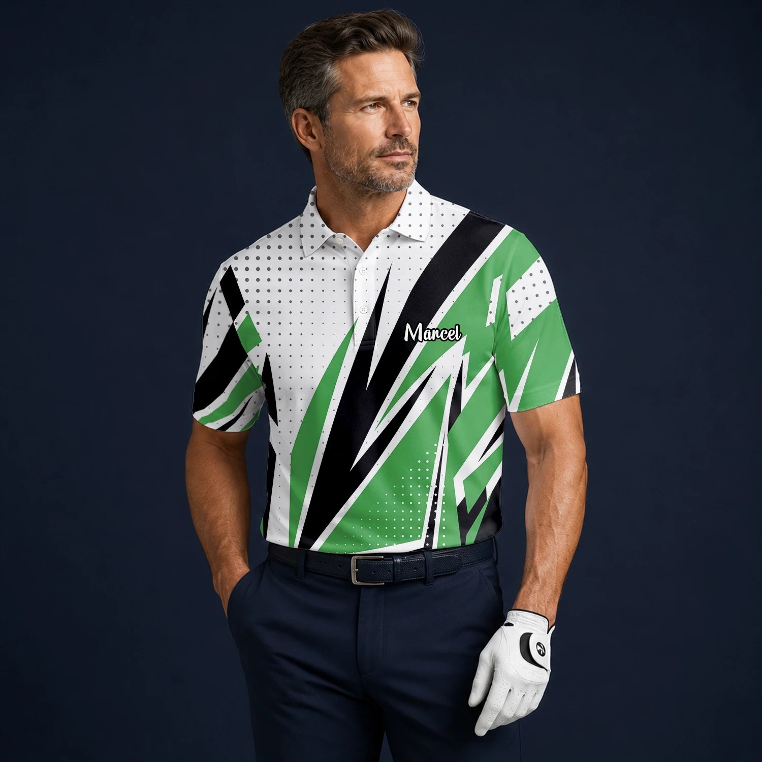 Personalisiertes Golf Poloshirt Weiß Grün Schwarzes Abstraktes Streifen Design für Herren C9494