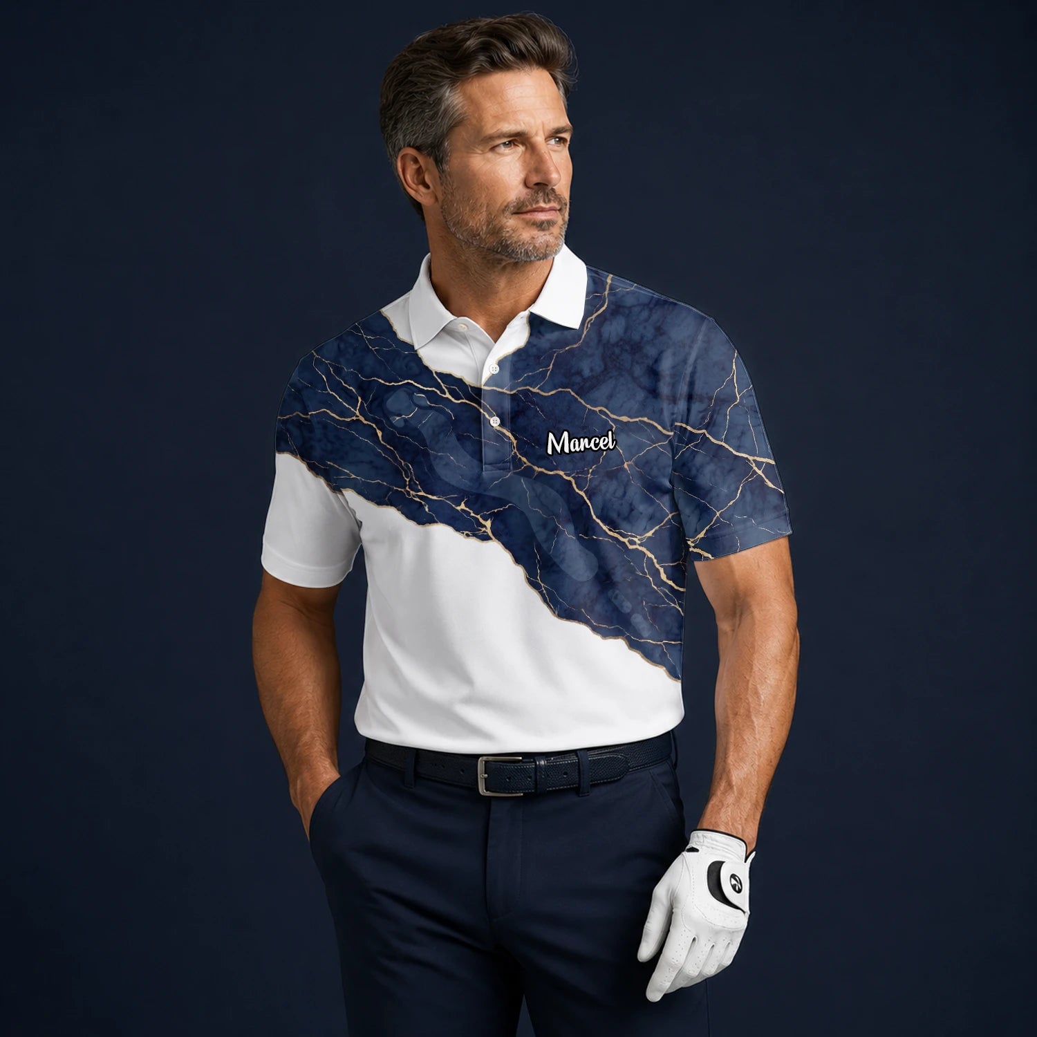 Personalisiertes Golf Poloshirt Weiß Marineblaues Marmor Goldadern Design für Herren B4939