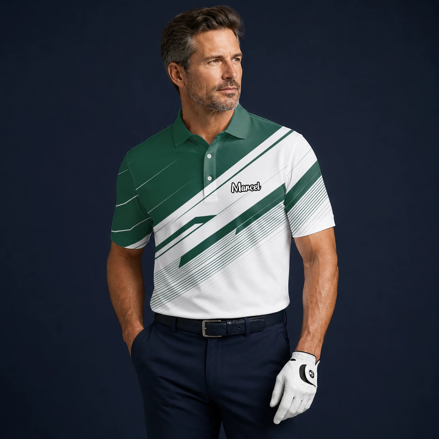Personalisiertes Golf Poloshirt Grün Weißes Abstraktes Streifen Design für Herren E5041