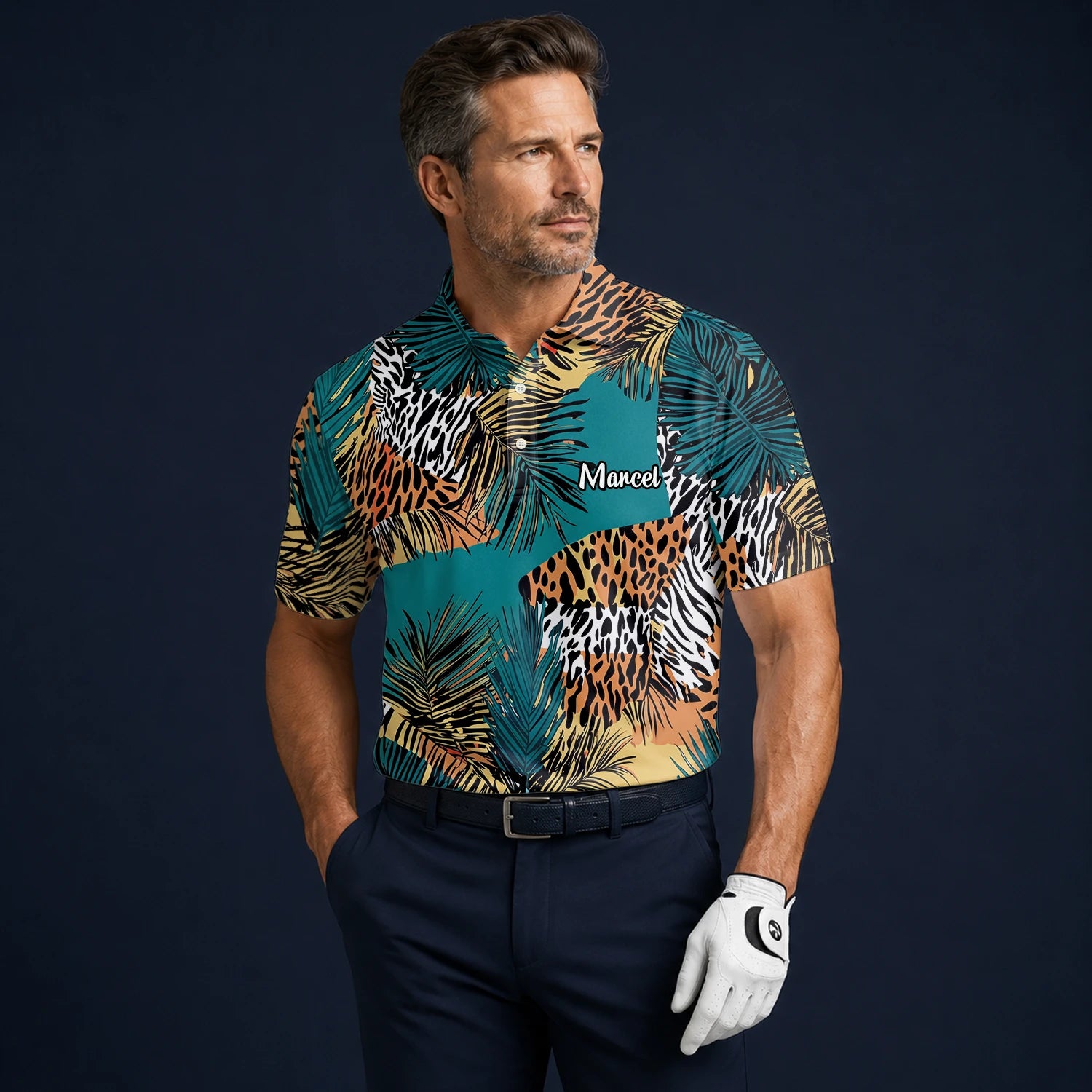 Personalisiertes Golf Poloshirt Türkis Orange Tropisches Palmen Animal Print Design für Herren A7122