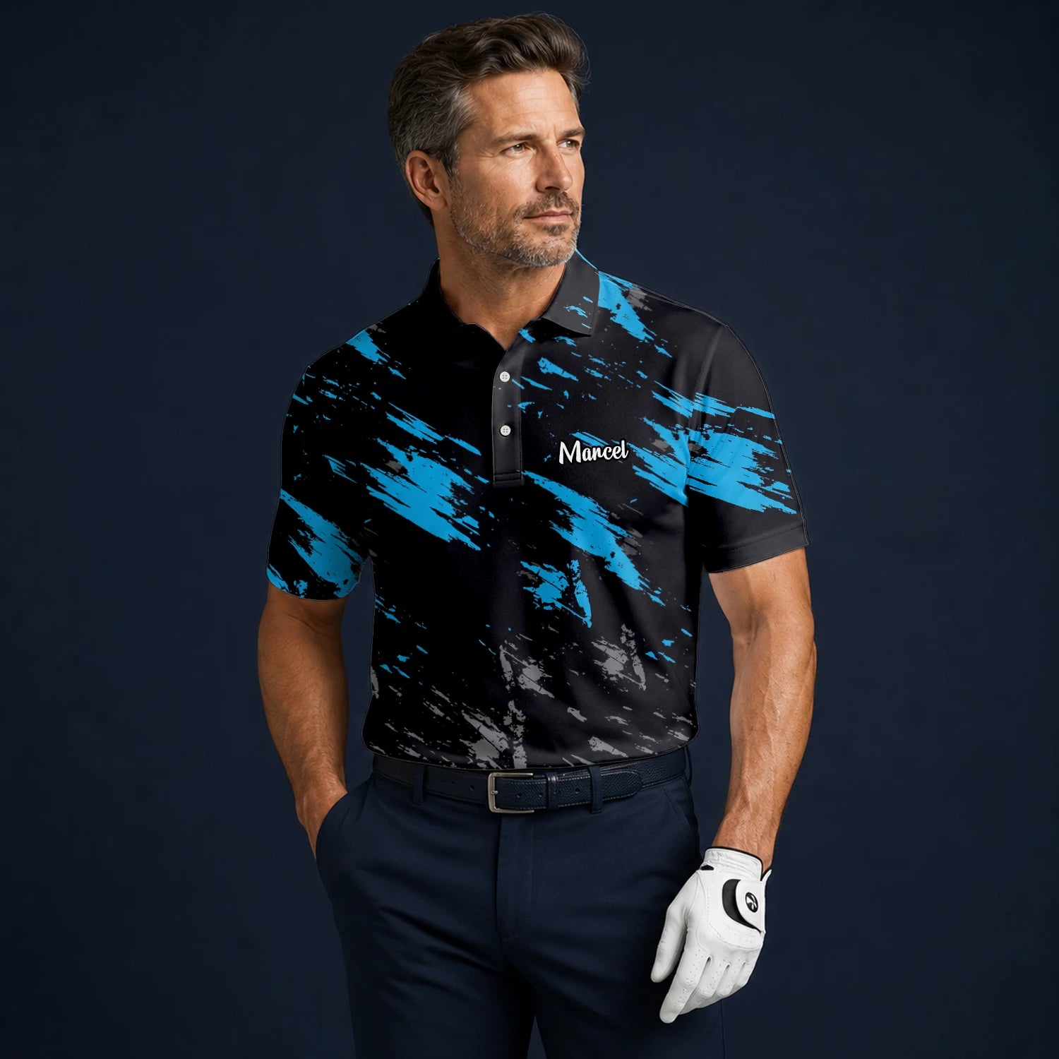 Personalisiertes Golf Poloshirt Schwarz Blaues Pinselstrich Design für Herren H3779