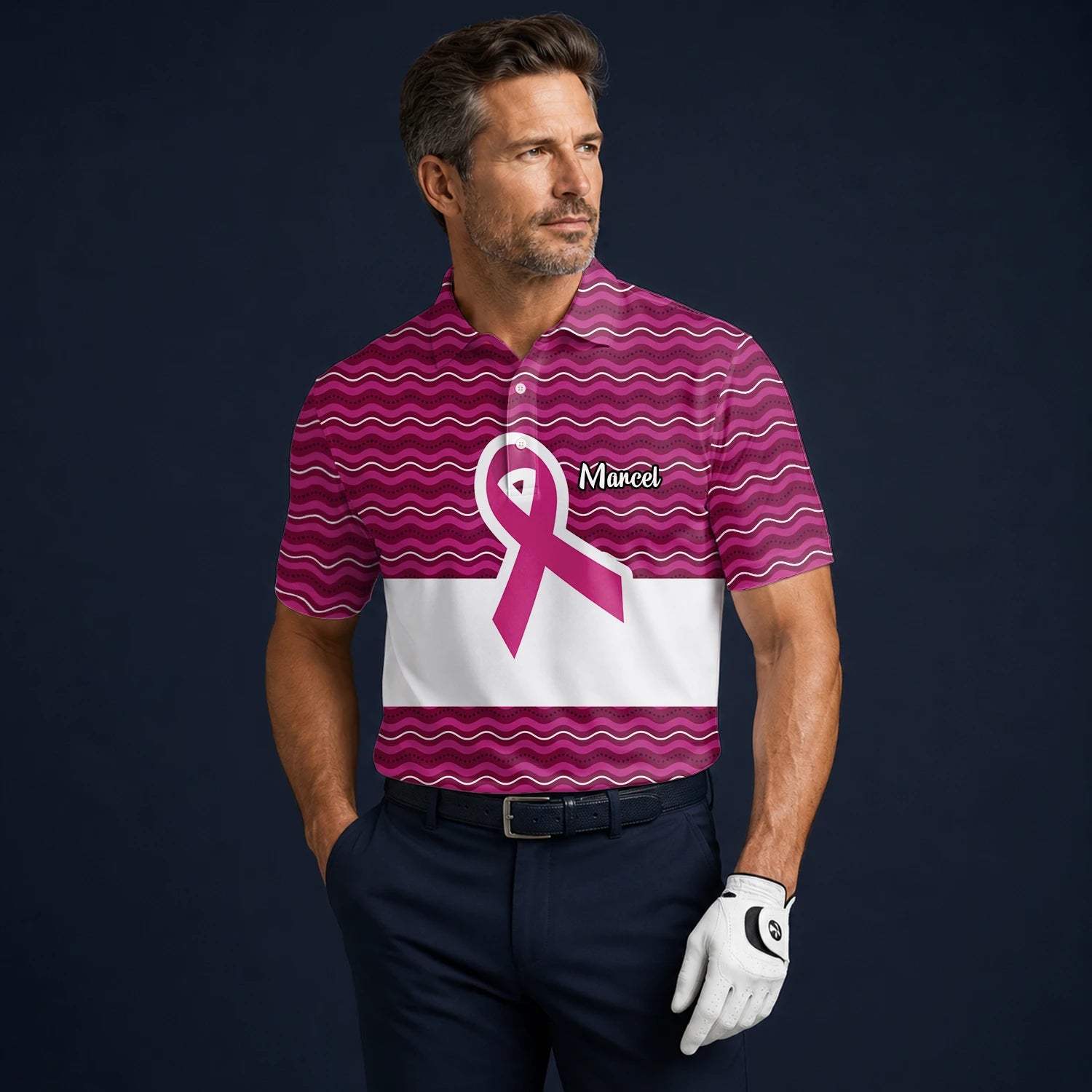 Personalisiertes Golf Poloshirt Rosa Brustkrebs Awareness Schleifen Wellen Design für Herren B1640