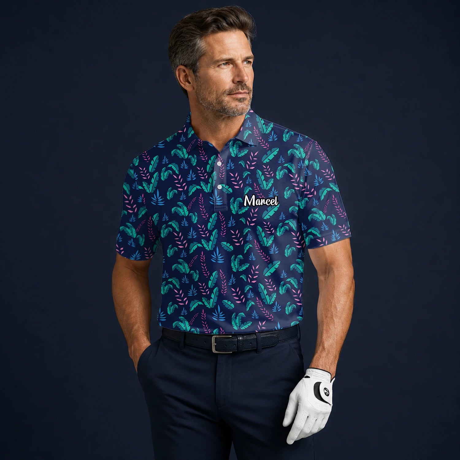 Personalisiertes Golf Poloshirt Marineblau Türkis Tropisches Blätter Design für Herren S8145